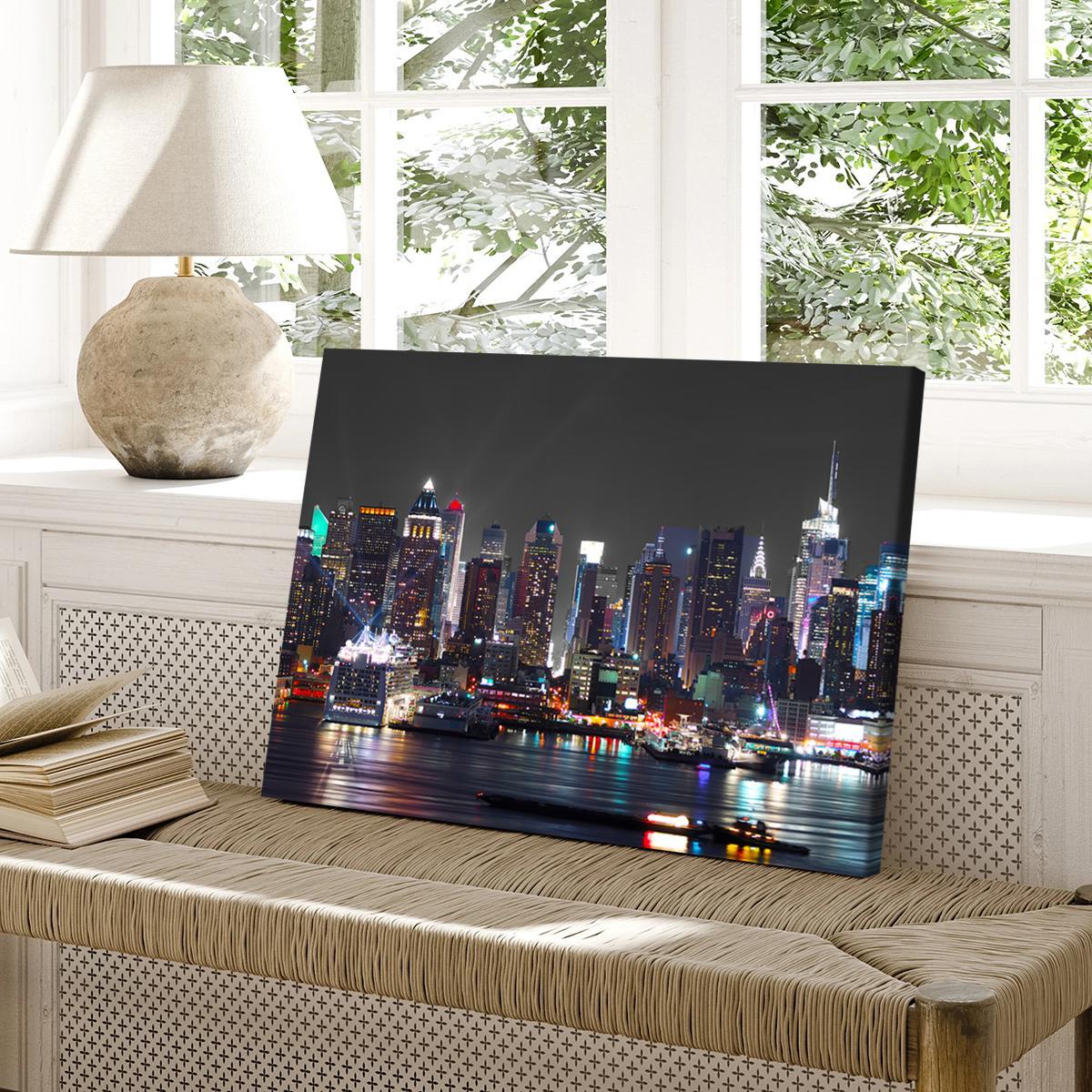 New York City Night View Canvas Print with Frame, Modern Art Decoration, Living Room Bedroom Decoration, Hallway Office Mural, Ideal Gift, Poster