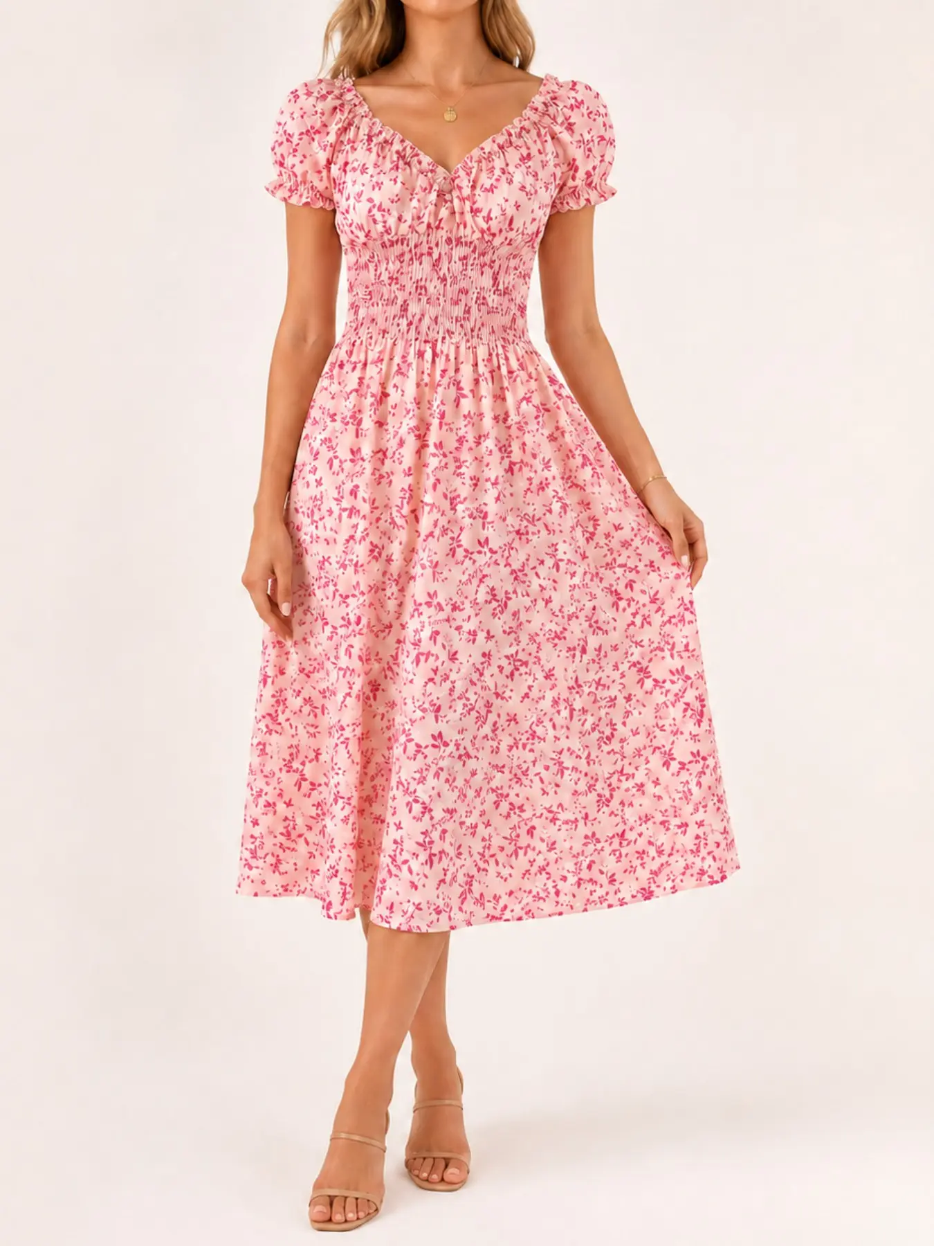 Slimming Women Clothing Women Dresses Casual Dresses Casual Wear Pink Floral Smocked Waist Puff Sleeve Midi Dress Elegant Sweet Vacation Daily Summer Trending Elegance