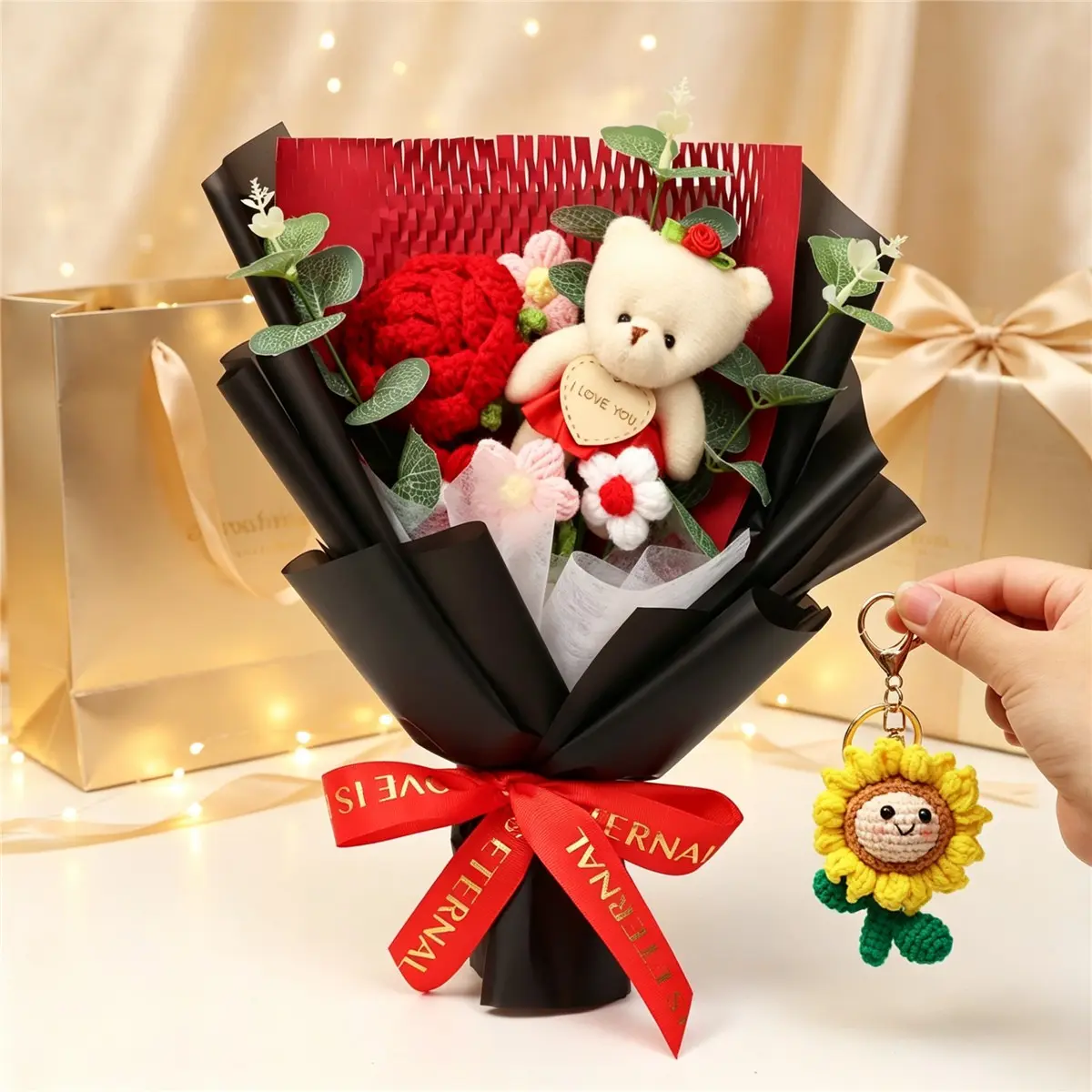 Handmade Bear Crochet Rose Bouquet and Sunflower Keychain Set, Valentine's Day Gift, Birthday, Anniversary, Father's Day Present, Keychain Cute