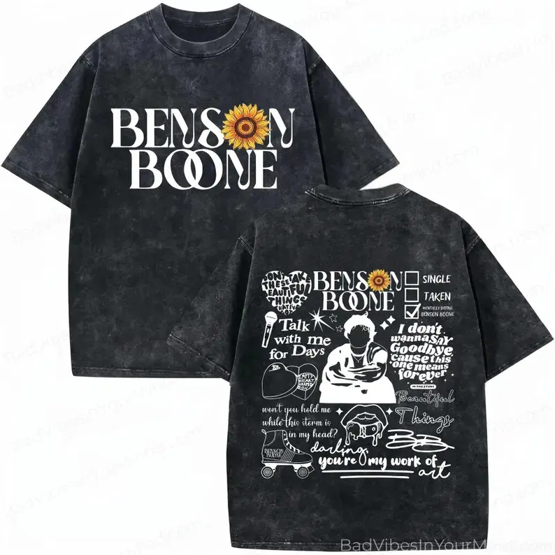 Y2K Pop Alt Vintage Washed Short Sleeve Shirt Big BENSON BOONE Sunflower Text Chest Print Hand Drawn Portrait Full Hit Song Lyric Doodle Collage Graphic Back Street Tee