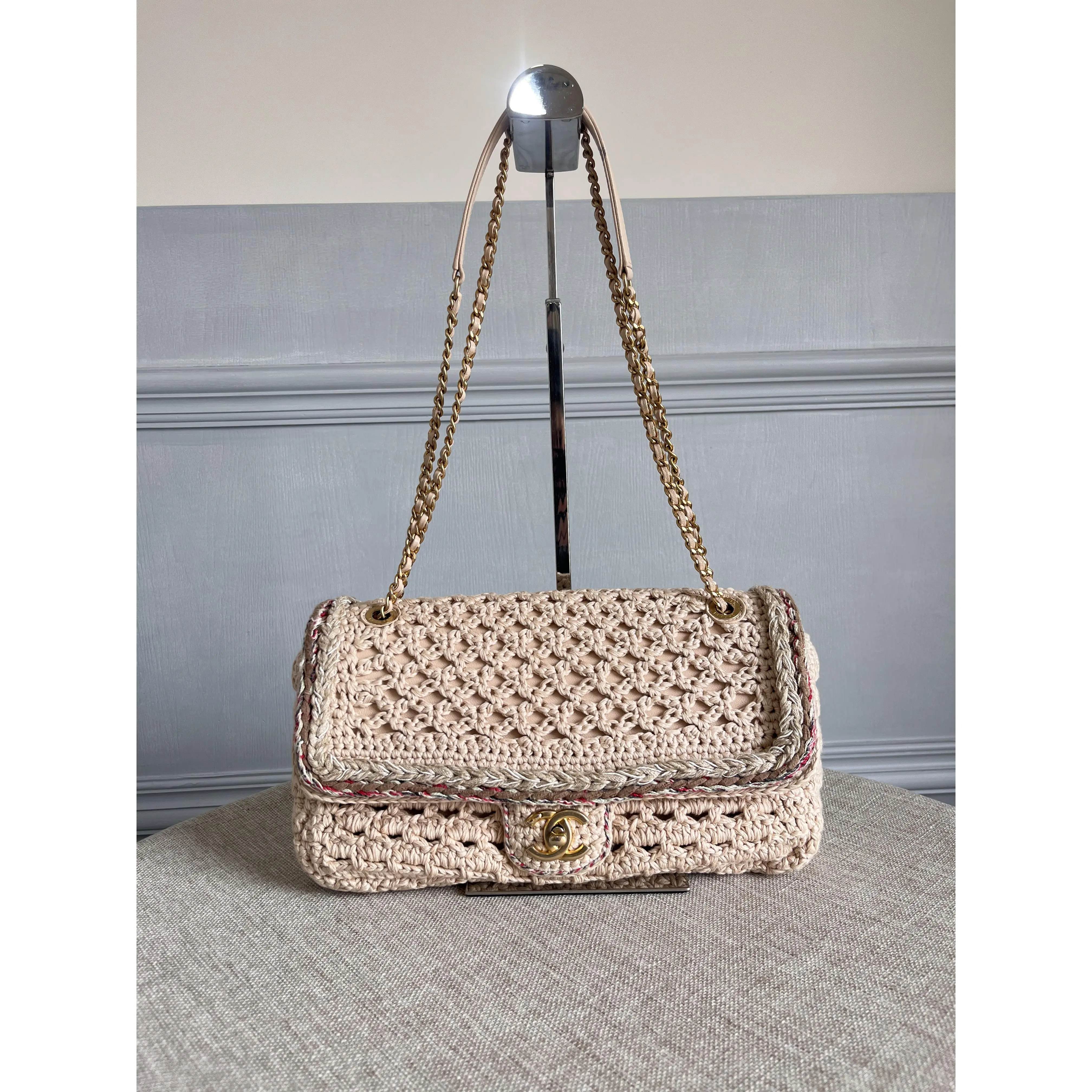 Pre-owned CHANEL 2017 Beige Crochet Luxury Handbag Polyester, Faint Edge Wear, Leather Free of Cracks, Pre Loved Shoulder Bag, Clean