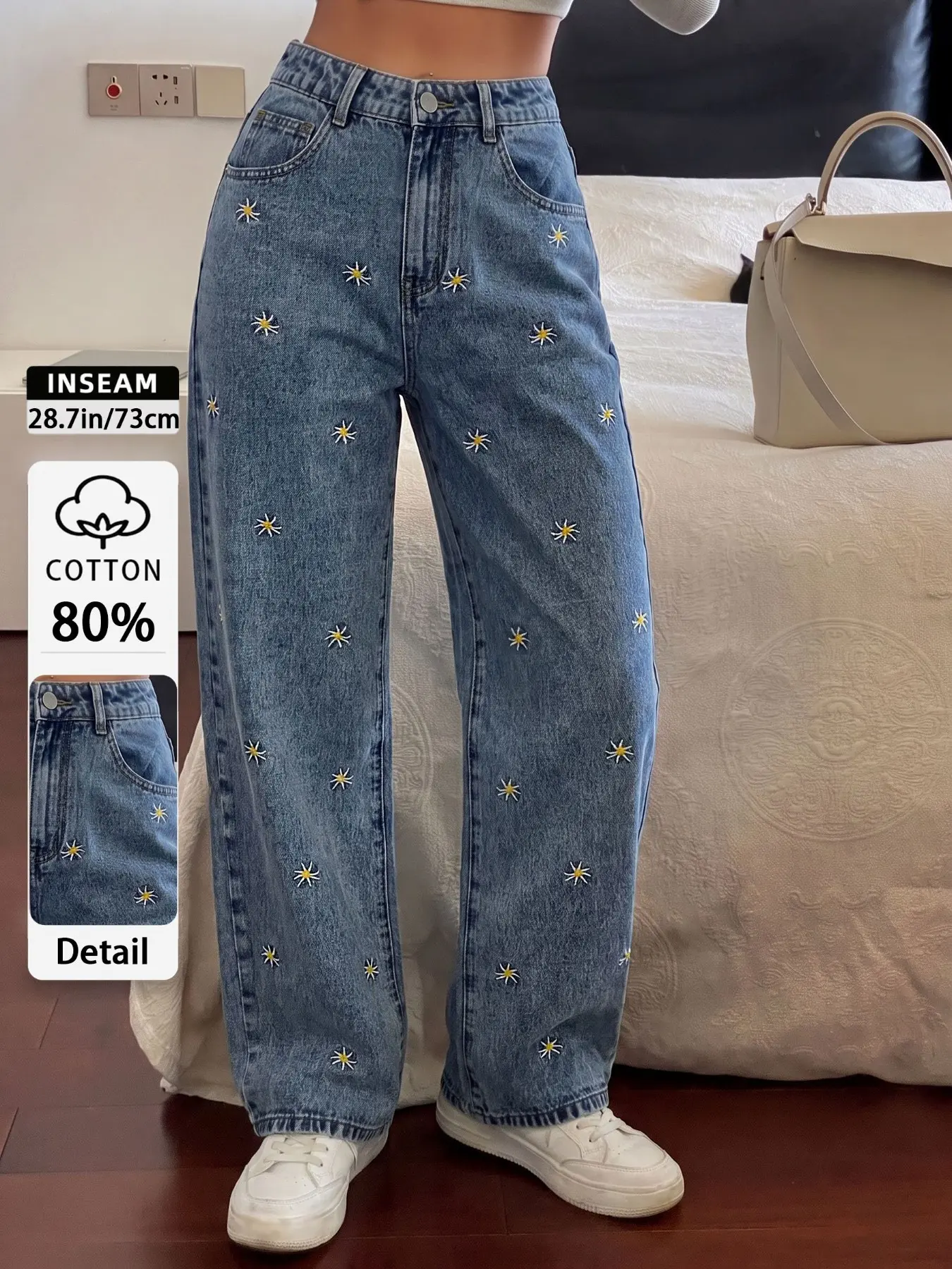 Street Style Mid-Rise Straight Leg Embroidered Denim Jeans, Slimming Trendy Casual Pants for Women