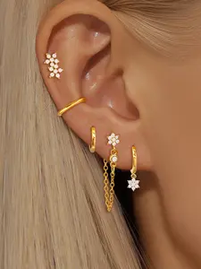 5Pcs Gold Plated Earrings Set Women Dainty Cubic Zirconia Flower Stud Chain Drop Earrings Stack Set Wedding Jewelry
