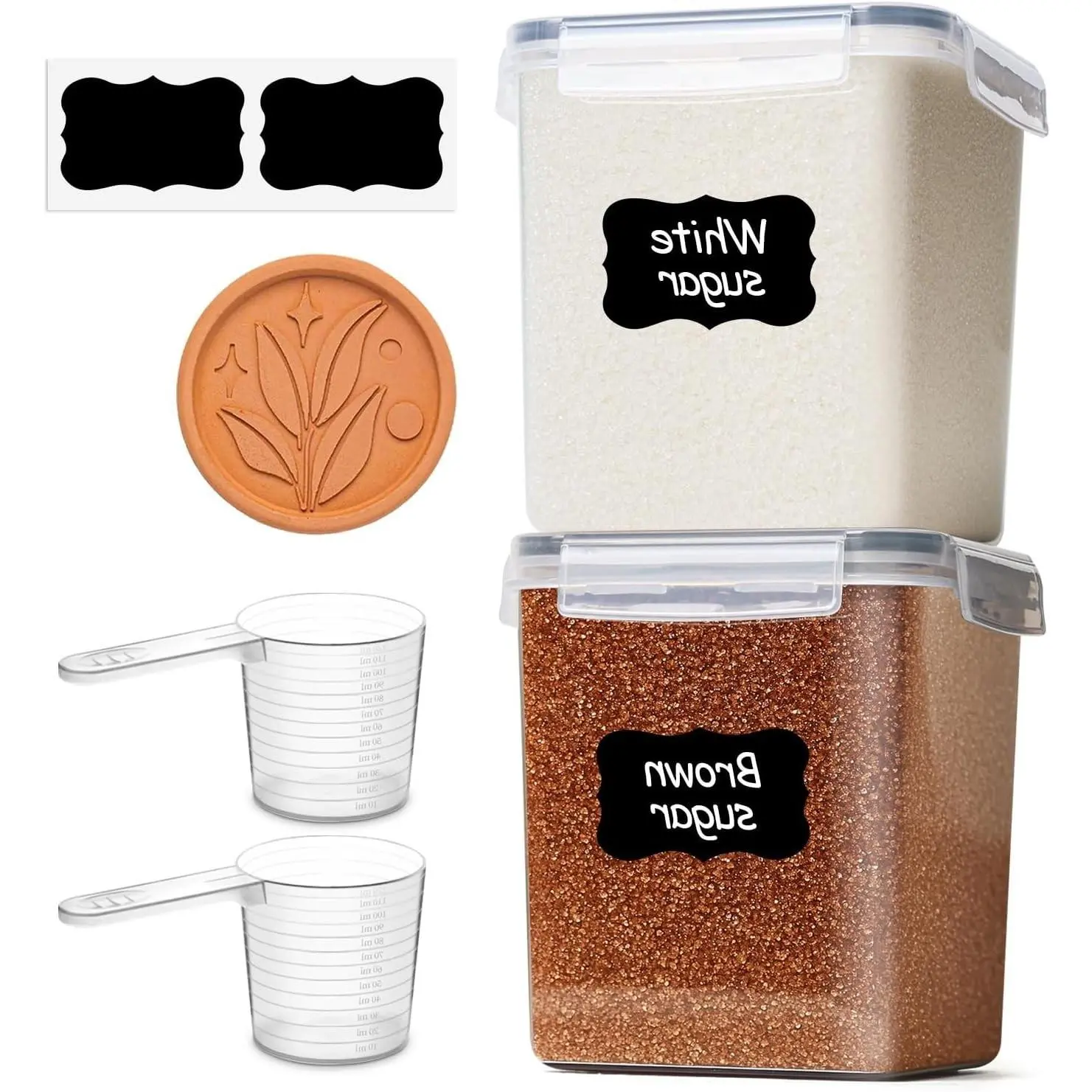 Airtight Brown Sugar Containers with Terra Cotta Saver, 2.6 Qt 2-Pack | Plastic Food Storage Canisters with Lids for Sugar, Flour, Cereal, Oats, Stackable Pantry Keeper with Labels & ScoopsGift