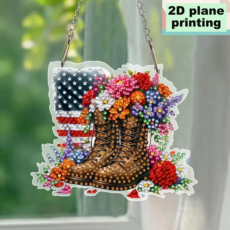 2D Acrylic DIY Diamond Painting Kit, Boot and Floral Design, American Flag, Irregular Diamonds, Home Decor, Perfect Gift