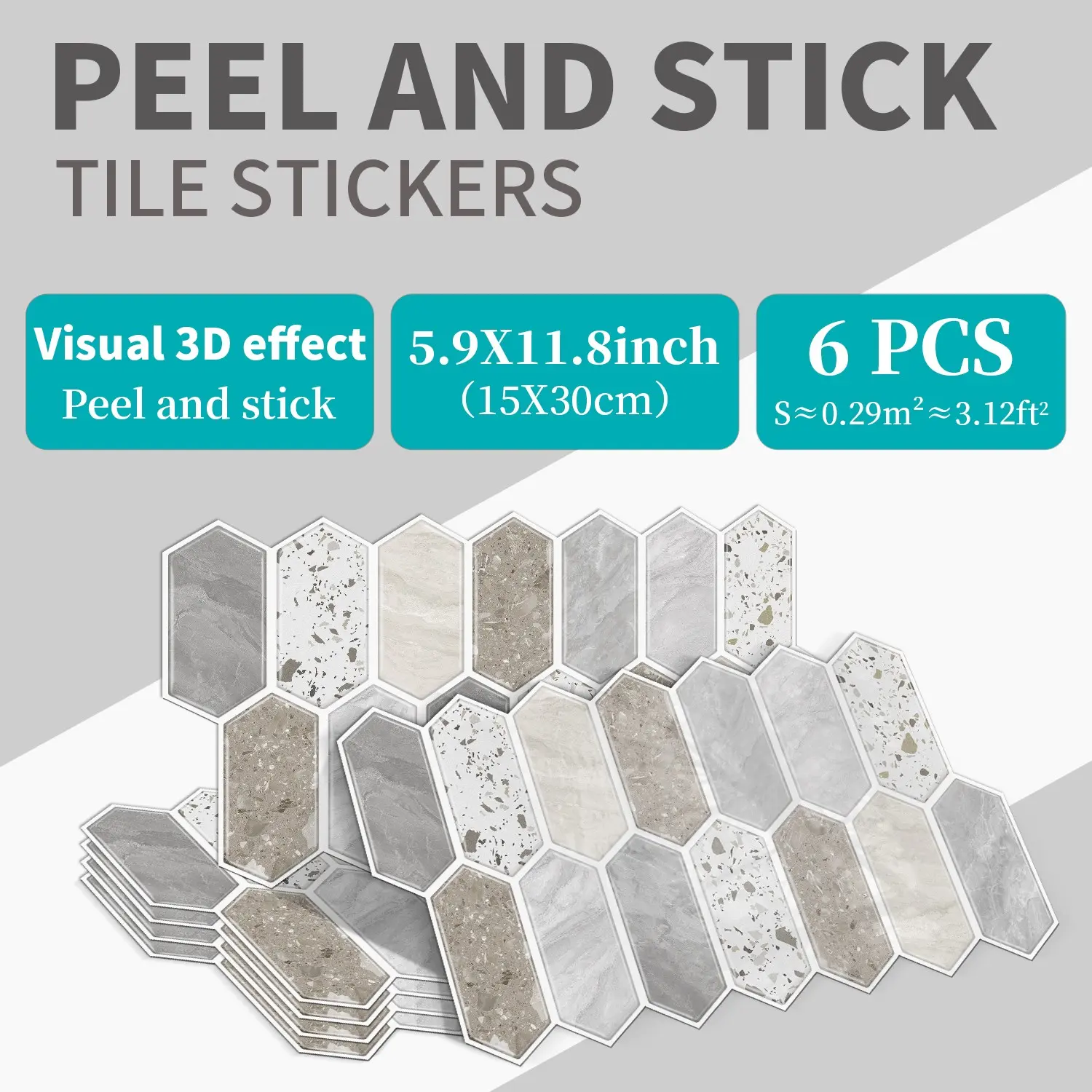 6/12/24 Pieces  Mixed terrazzo long hexagonal self-adhesive wall stickers, waterproof removable backsplash tiles, suitable for kitchen bathroom apartment home wall decoration renovation, 30cm X 15cm