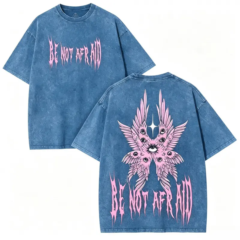 Unisex Retro Fit Washable Graphic Tshirt - Be Not Afraid Gothic Angelic Streetwear Top, Pink Seraphim Wings Print, Broad Range of Sizes, Goth Fashion Apparel, Father's Day Gift, Menswear, Loose, Distressed, Men's Stuff, Tops For Women, Streetwear For Wome