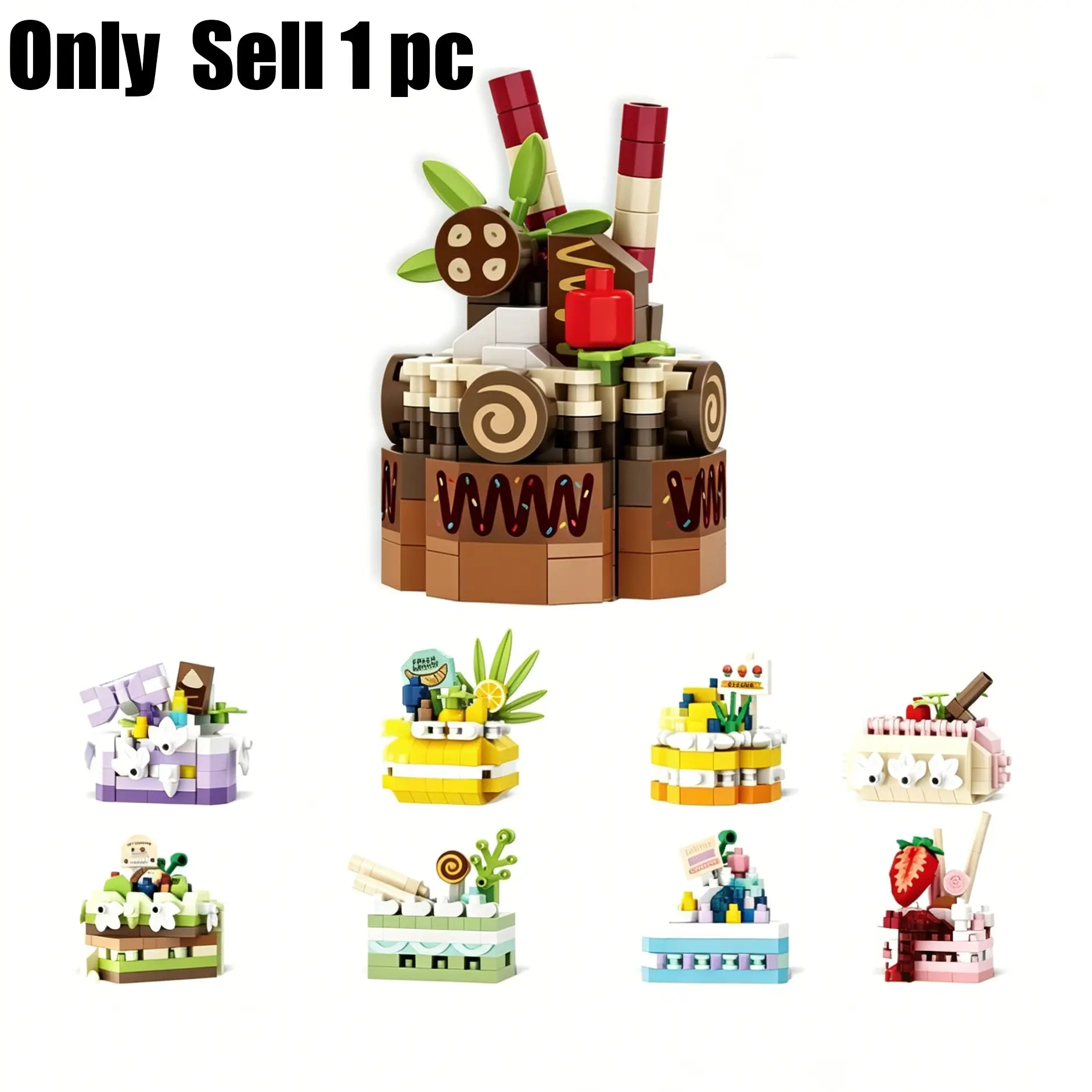 TOOUEE 1 PC Cake Creative Building Blocks Set – Assorted Styles Including Strawberry & Cherry Cake Dessert Models, DIY Building Model Plastic Construction Kit for Teens, Halloween Christmas Birthday Gifts for Men Women