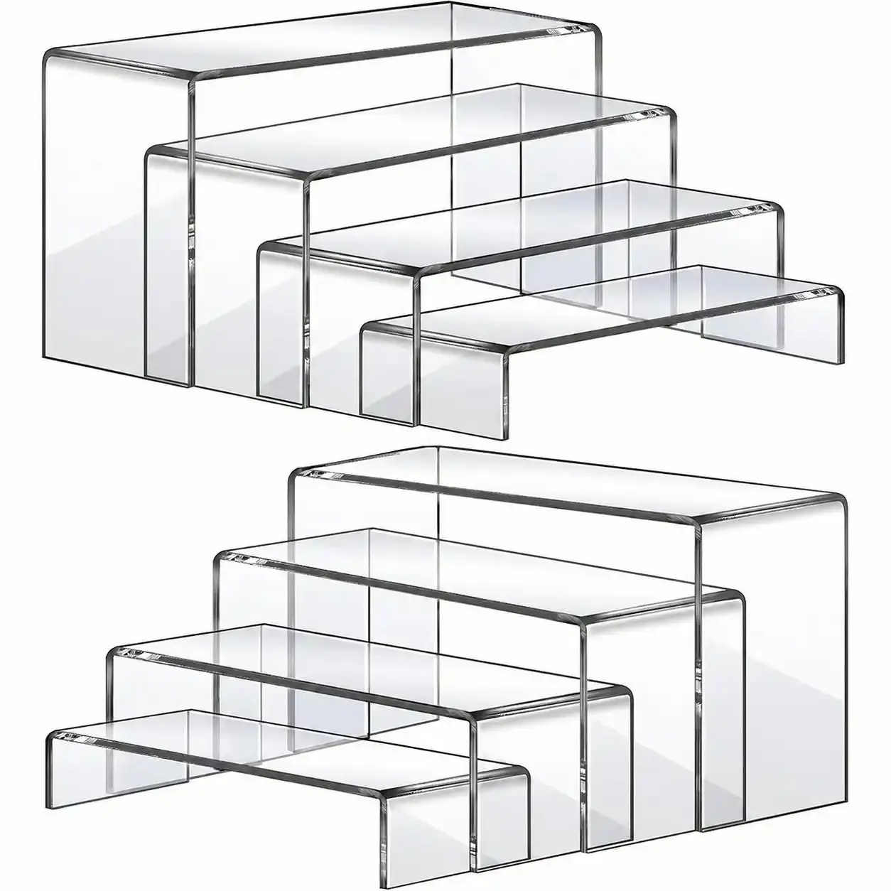 Acrylic Display Risers 8 Pack, 4 Sizes Clear Plexiglass Stands for Cosmetics, Collectibles, Party Favors, Home Organization & Retail Store Displays