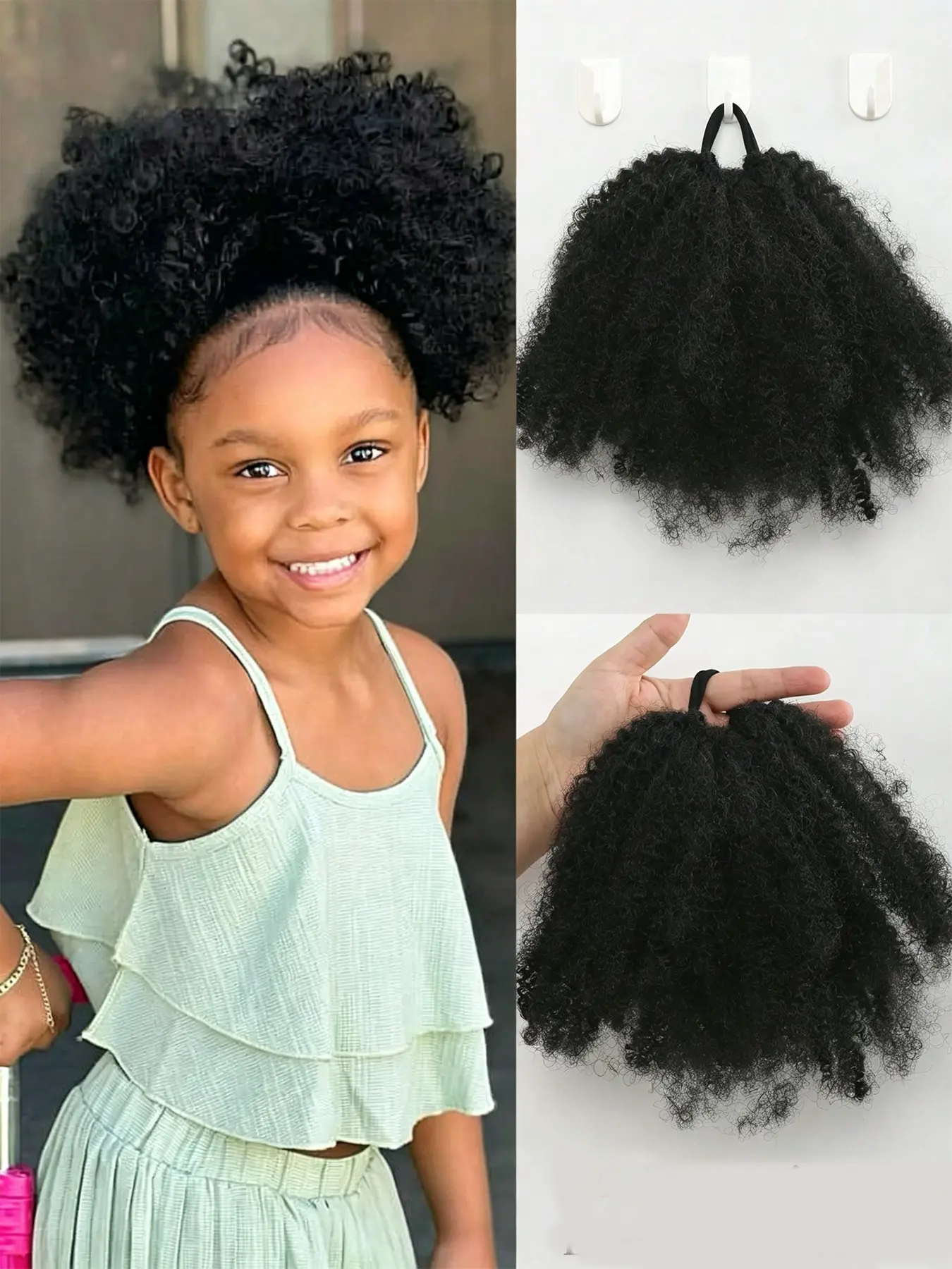 8 Inch Children's Long Curly Ponytail Hair Wig Fluffy African Style Bun, With Elastic Hairband, Suitable For Short Hair, Easy To Style, Hair Pieces, Hairstyles