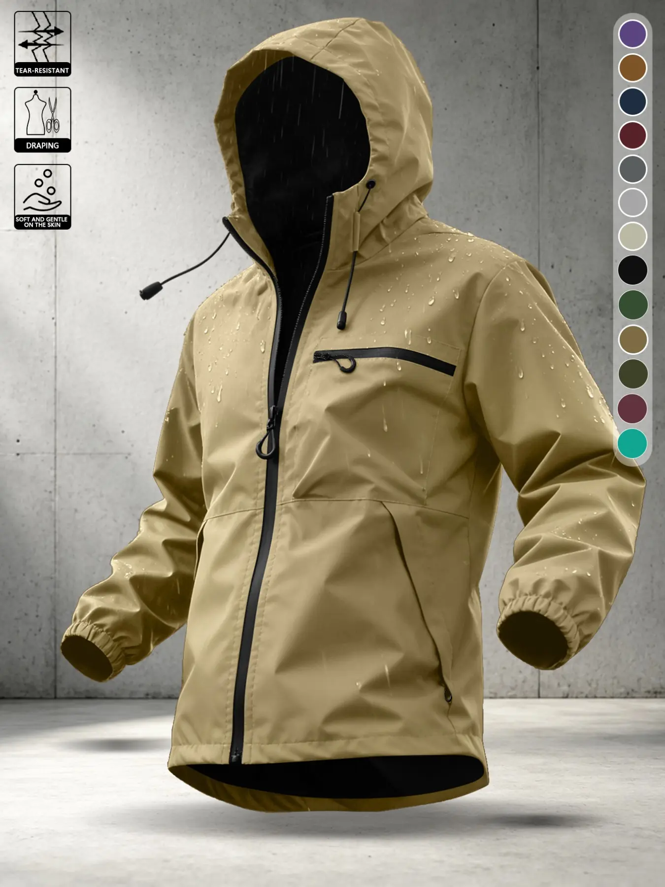 American Style Casual Outdoor Work Jacket, Fall Winter Logo Design, Solid Color Matte Fabric, Fixed Seam Hooded Neckline, Adjustable Drawstring, Long Sleeve
