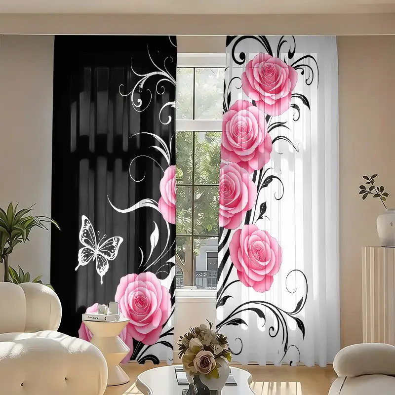 2 pieces of high-definition black and white pink butterfly printed curtains, Curtain for windows, offer semi-transparent privacy protection, hand/machine washable, suitable for home decoration