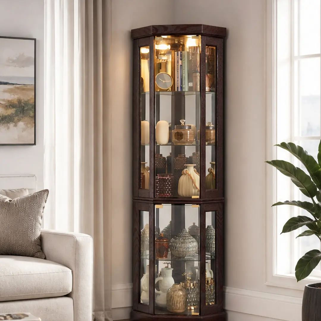 ARCH Corner-Mounted Glass Curio Cabinet - Lighted Display, 69.84H Dark Cherry MDF-Glass, Adjustable Shelves, Mirrored Back, for Living Room Decor, Antique Collection Storage, Single Unit, Corner-Mounted Glass Cabinets