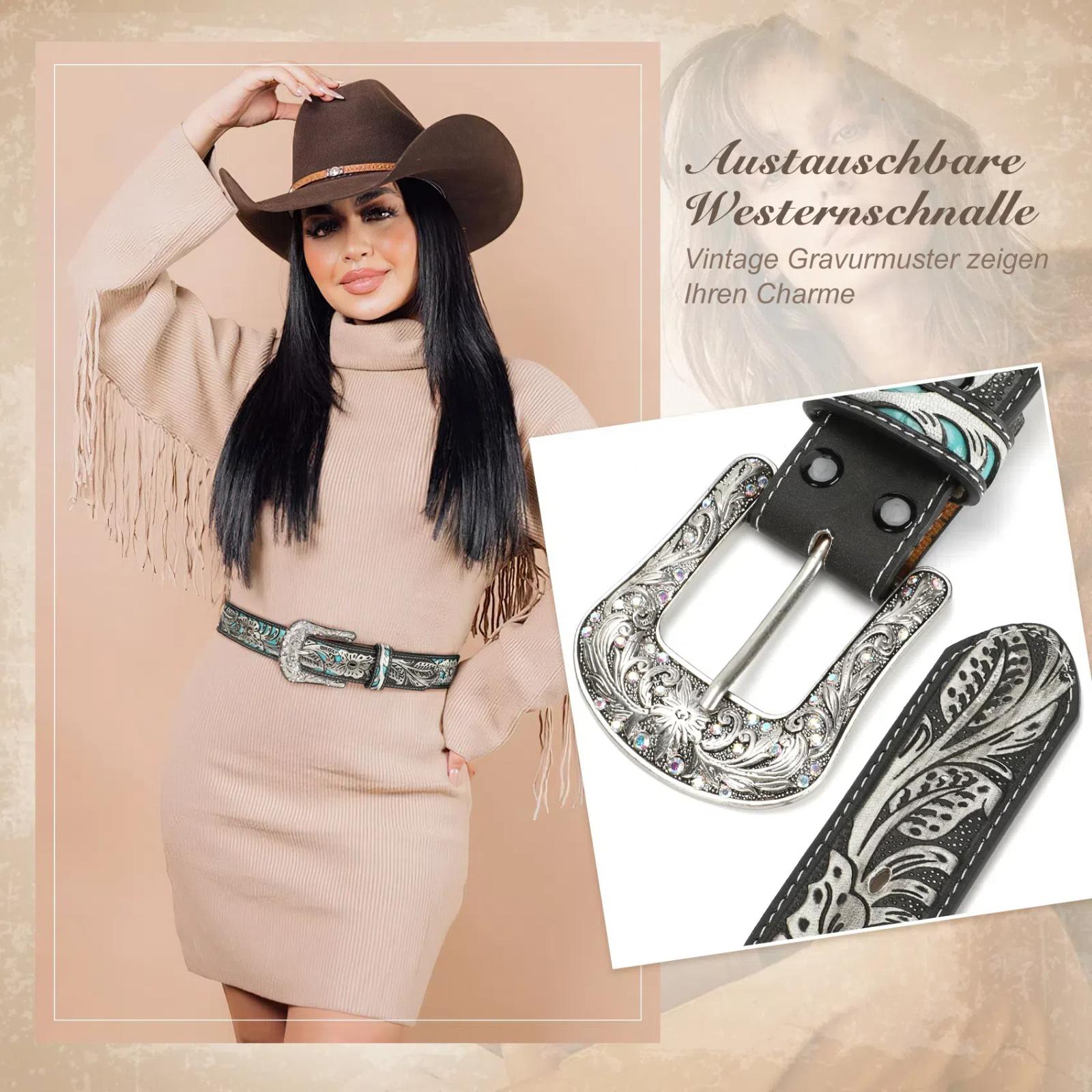 XZQTIVE Unveils Timeless Western Glamour: A Versatile, Cowboy-Inspired Leather Belt Adorned with Intricate Floral Embossing & a Captivating Rhinestone-Encrusted Turquoise Longhorn Buckle for All Boho Leaf Embossed Western Belt SpringStatements