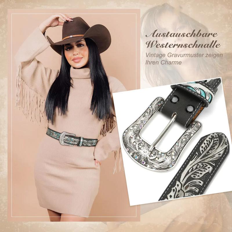 XZQTIVE Unveils Timeless Western Glamour: A Versatile, Cowboy-Inspired Leather Belt Adorned with Intricate Floral Embossing & a Captivating Rhinestone-Encrusted Turquoise Longhorn Buckle for All Boho Leaf Embossed Western Belt