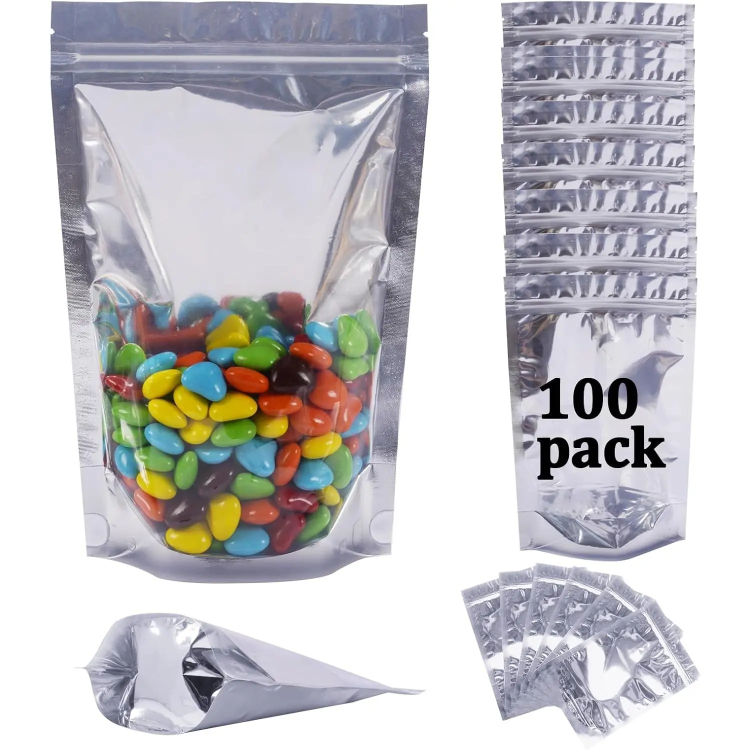 100 Pack Mylar Bags for  Storage Resealable  Foil Clear Stand Up Pouch with Front Window 3.94×5.91 Inch  Zipper Lock  Packaging Heat Seal Bags for Small Business and