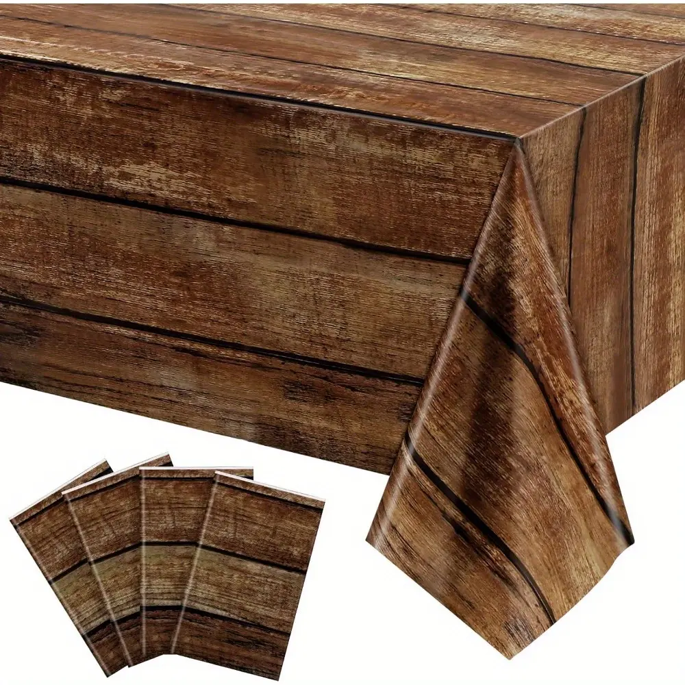 4Pcs Brown Wood Grain Rustic Plastic Tablecloths, 54 x 108 Inch Vintage Farmhouse Rectangle Table Covers for Western Barn Birthday Wedding Decorations
