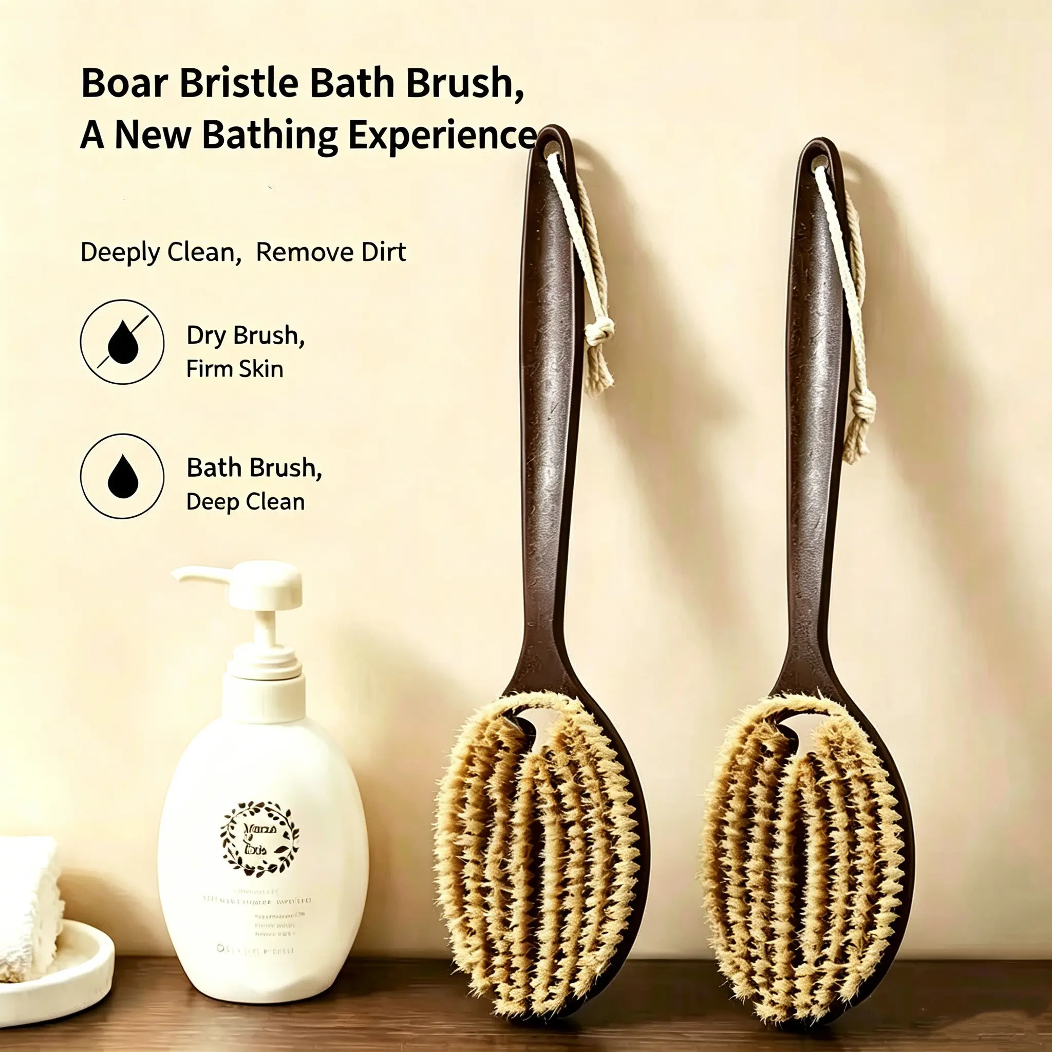 Long-Handle Back Exfoliating Brush, Wet & Dry Dual-Use Shower Brush with Hollow Quick-Drain Design, Odor-Resistant & Hanging Storage, for Full-Body Bath and Dry Brushing Exfoliating Brushing