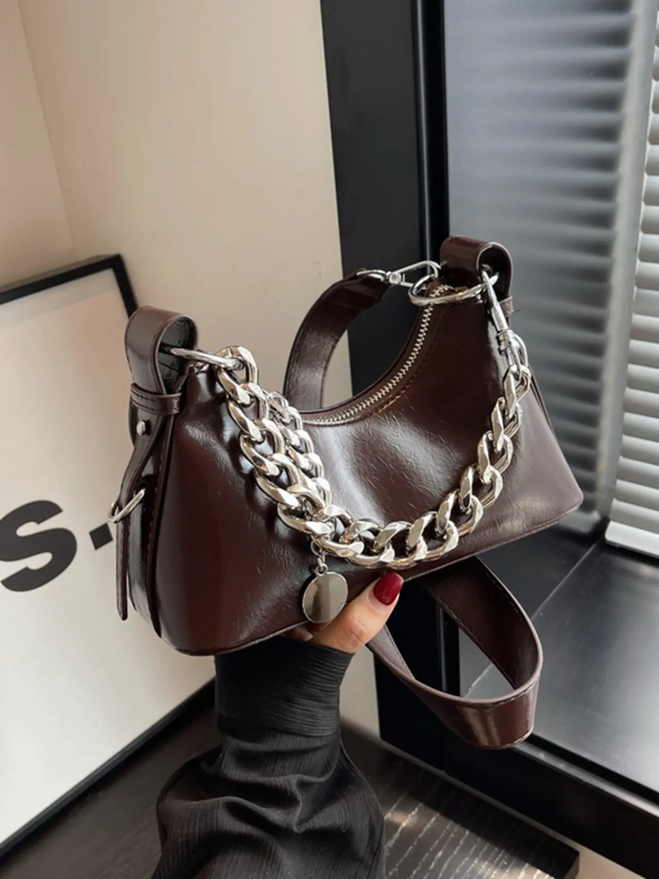 Vintage Oil Faux Leather Hobo Shoulder Bag, Chunky Chain Decor Mini Underarm Purse, Removable Wide Strap Y2K Women Crossbody Handbag