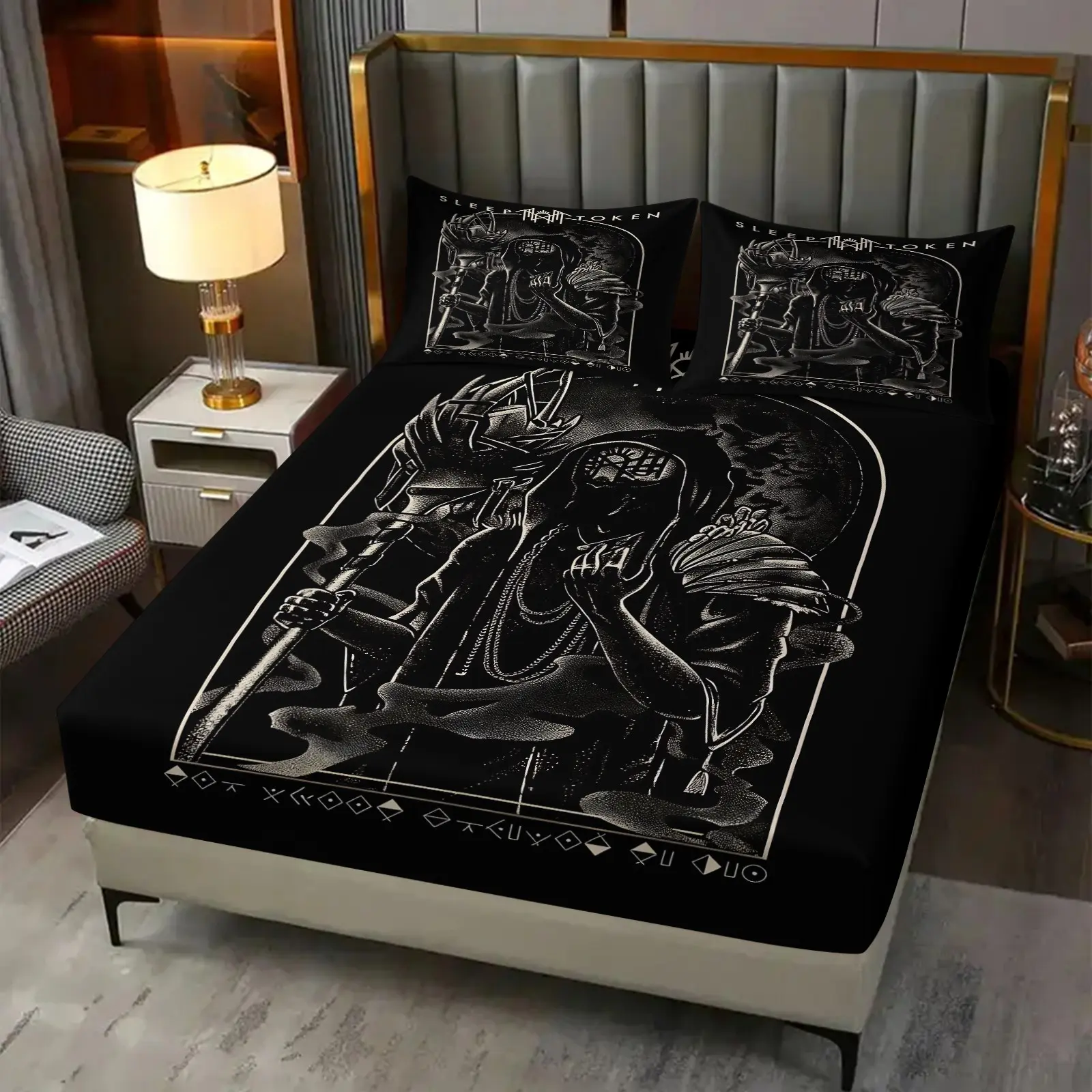 Dark Gothic Reaper Witch Scepter Fitted Sheet Set & 2 Coreless Pillowcases, Skin-friendly Breathable Deep Pocket Non-slip Mattress Cover, Dark Style Home Textile Decor, Unique Gift For Friends