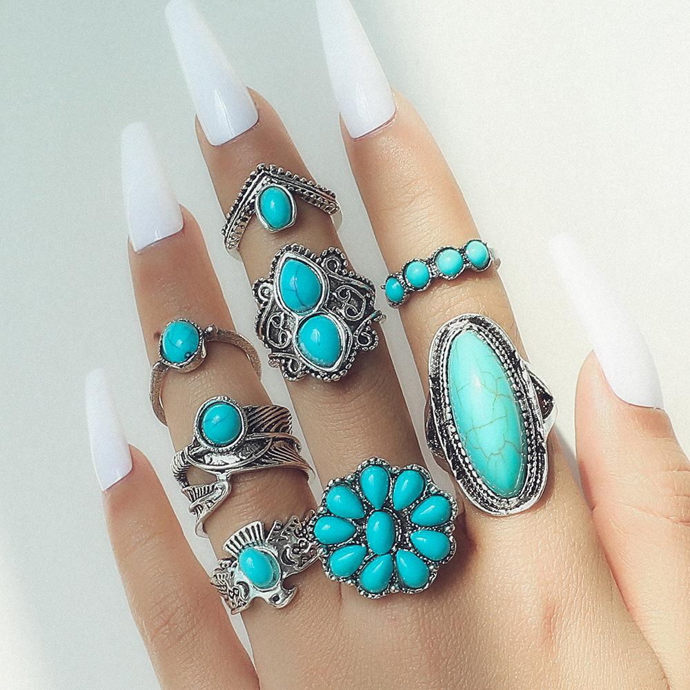 Vintage Boho Turquoise Stackable Ring Set 8Pcs | Ethnic Style Carved Feather Flower Statement Rings | Silver Tone Bohemian Fashion Jewelry for Daily & Festival Wear