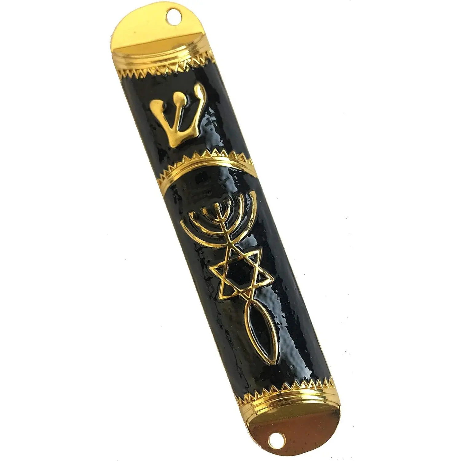 Messianic Seal 4 Inch Mezuzah Case with Scroll Included, Small Jewish Mezuzah (Black - Gold Frame)