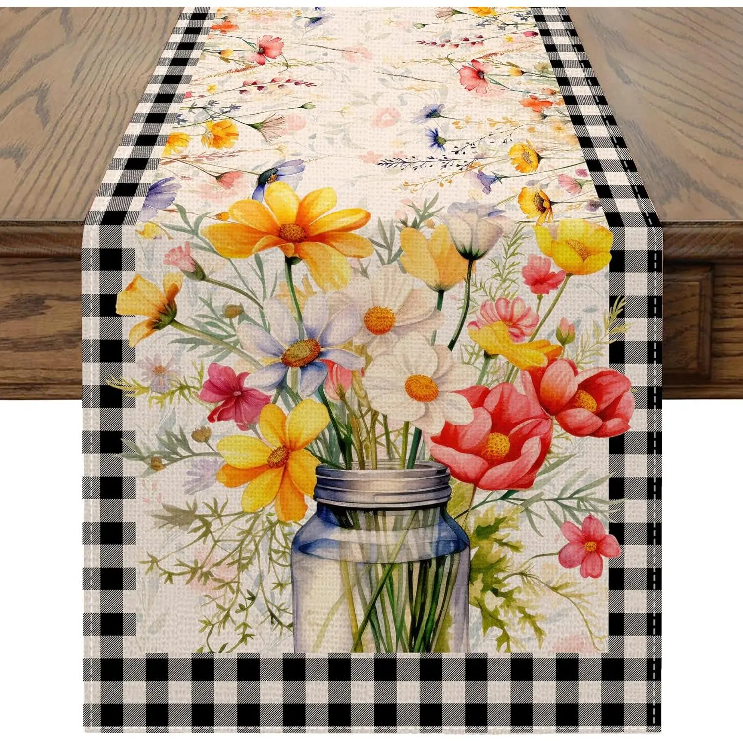 Spring Table Runner 13x72 inch, Floral Spring Decor for Table, Party, Home - Flower Vase Farmhouse Floral Decroations