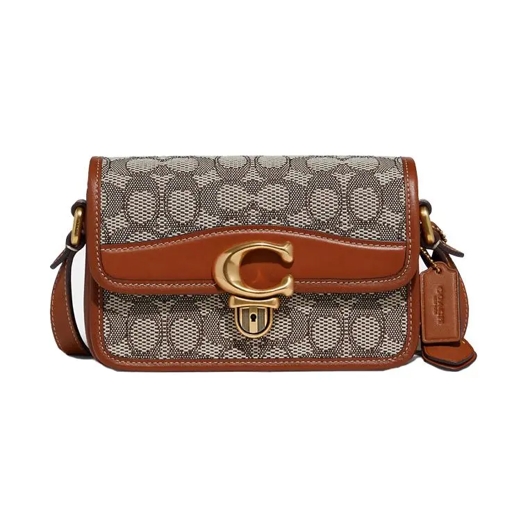COACH Studio 19 Monogram Jacquard and Suede C-Logo Turn-Lock Flap Crossbody Bag for Women in Tan and Brown
