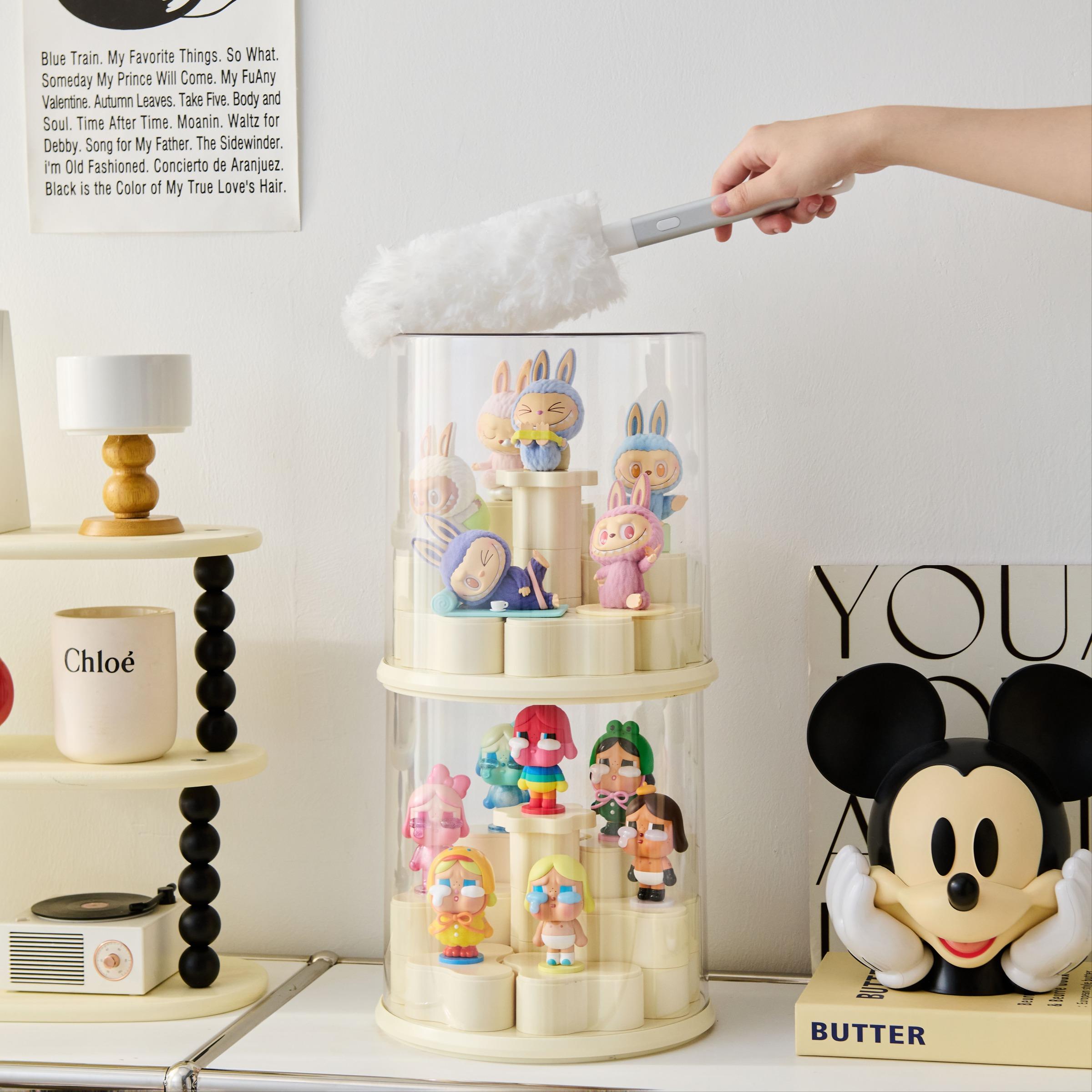 Figurine Display Storage Box with Rotating Base, Transparent Dust Cover, Stackable Cabinet for Pop Mart Labubu Figures, Watches & Jewelry