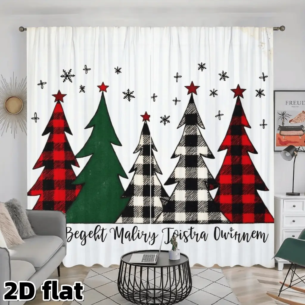 2D Flat 2Pcs Christmas Tree Curtains Buffalo Plaid Pattern Red Green Black White Stars Snowflake Winter Holiday Themed Window Drapes Home Living Room Bedroom Kitchen Decoration Semi Sheer Polyester Fabric Easy Clean Rod Pocket Design