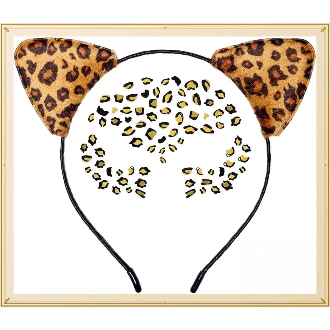 Cheetah Ears Headband & Metallic Face Tattoos – Adult Leopard Cosplay Halloween Costume Accessory SetGift