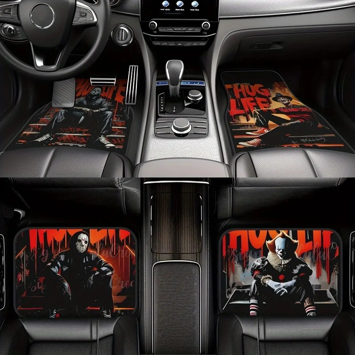 4-Piece Horror Style Car Mats, Ghost Face Scream Design, Polyester Fiber, Universal Fit, Ideal for Cars, Suvs, Trucks, Halloween Gift