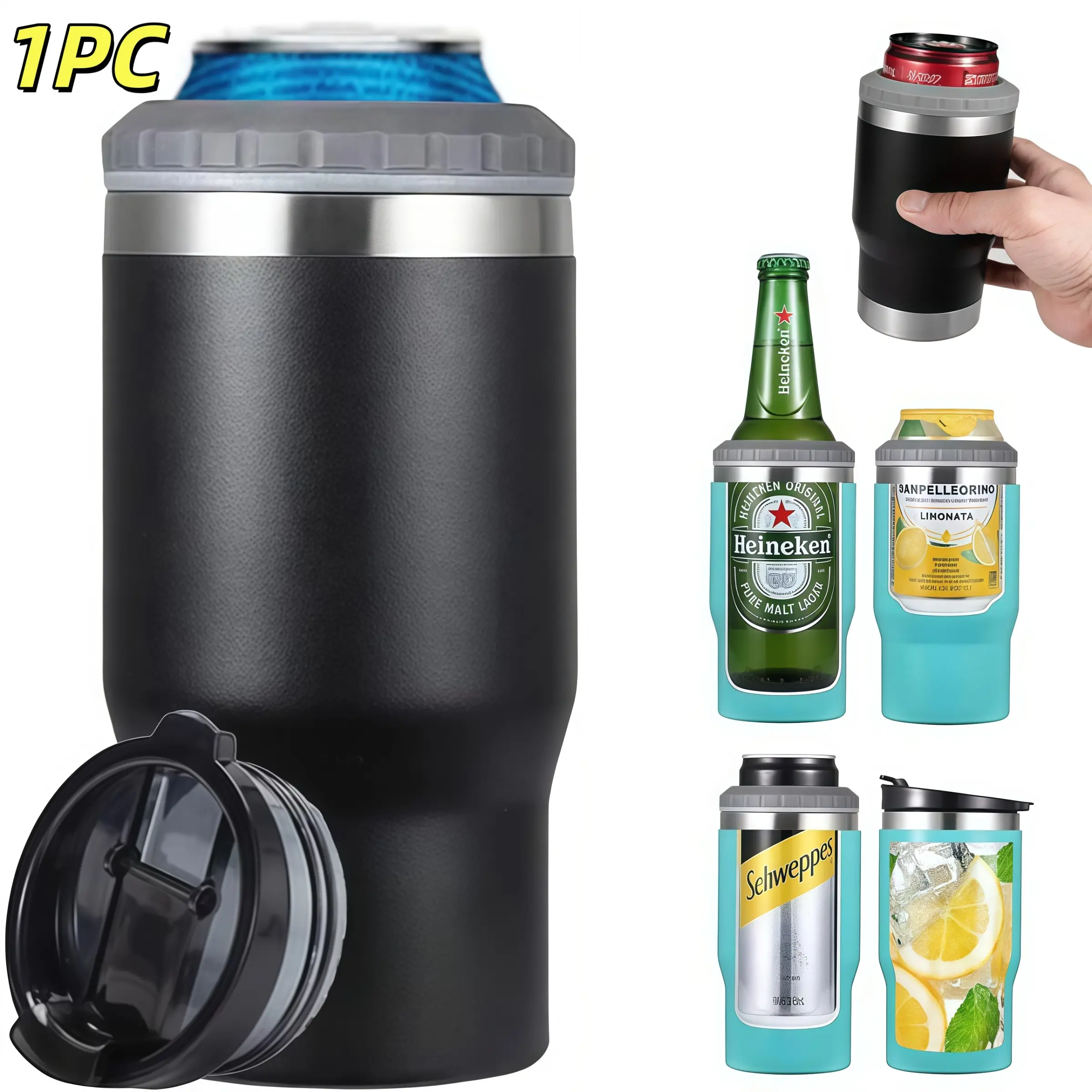 Stainless Steel Vacuum Insulated Can Cooler, 1 Count Double Wall Jar Cooler, Can & Bottle Cooler for Lean Beer & Hard Soda Bottle, Home Bar Accessories