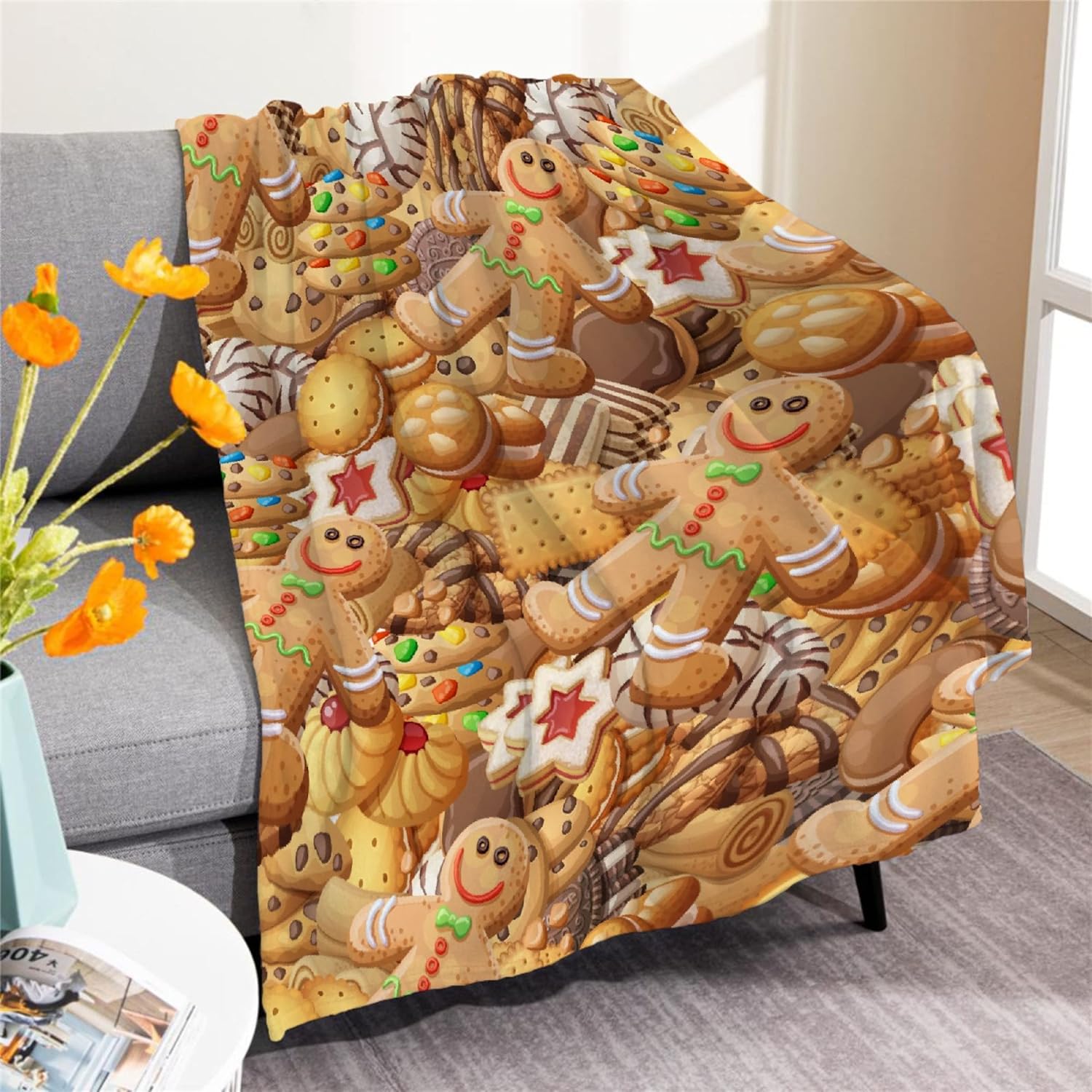 Dessert Gingerbread Man Blanket Flannel Throw Lightweight Super Soft Cozy Luxury Family Bed Blanket Birthday Gift Microfiber