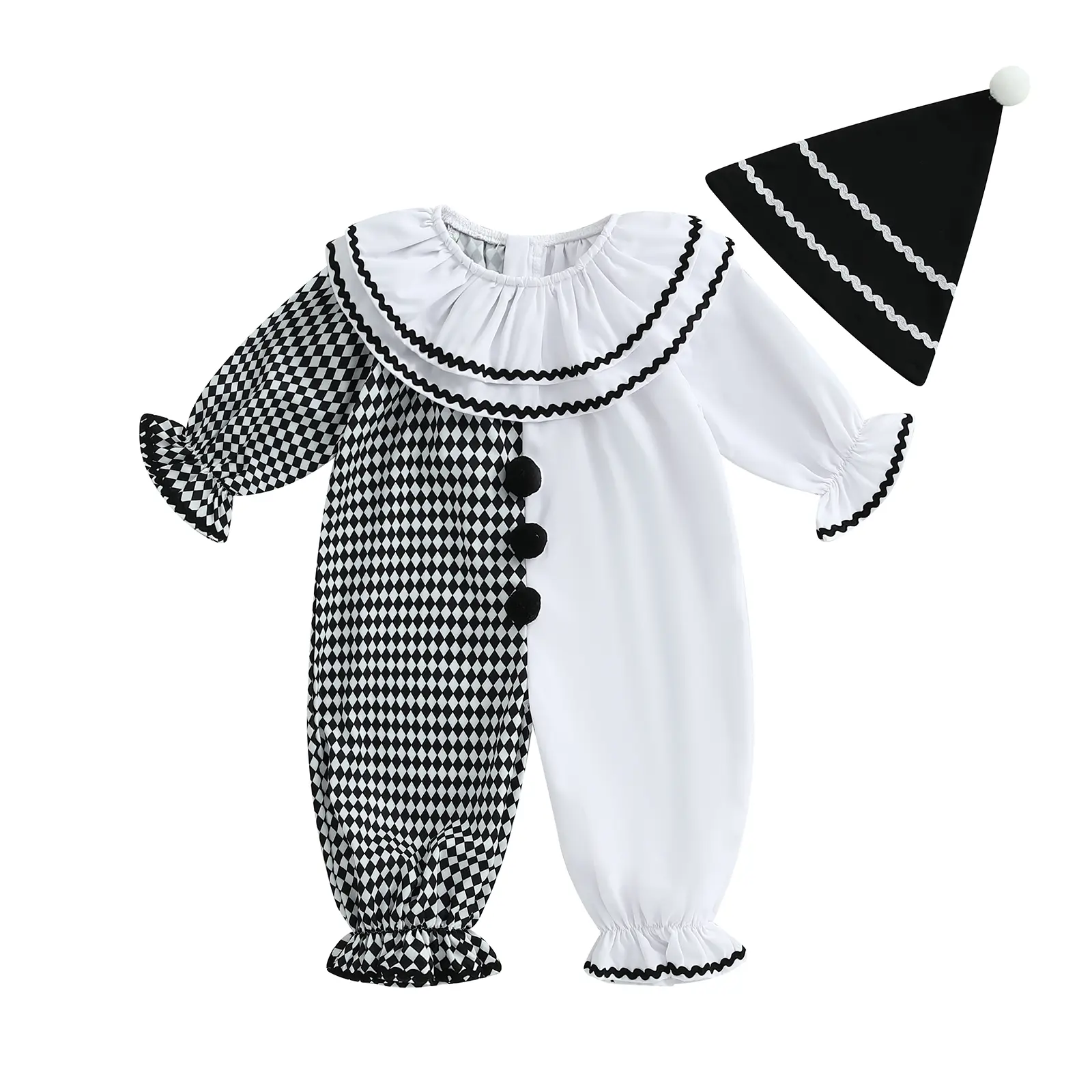 Canrulo Toddler Halloween Outfits Baby Boy Girl Clown Costume Contrast Color Long Sleeve Jumpsuit Hat Smocked Outfits