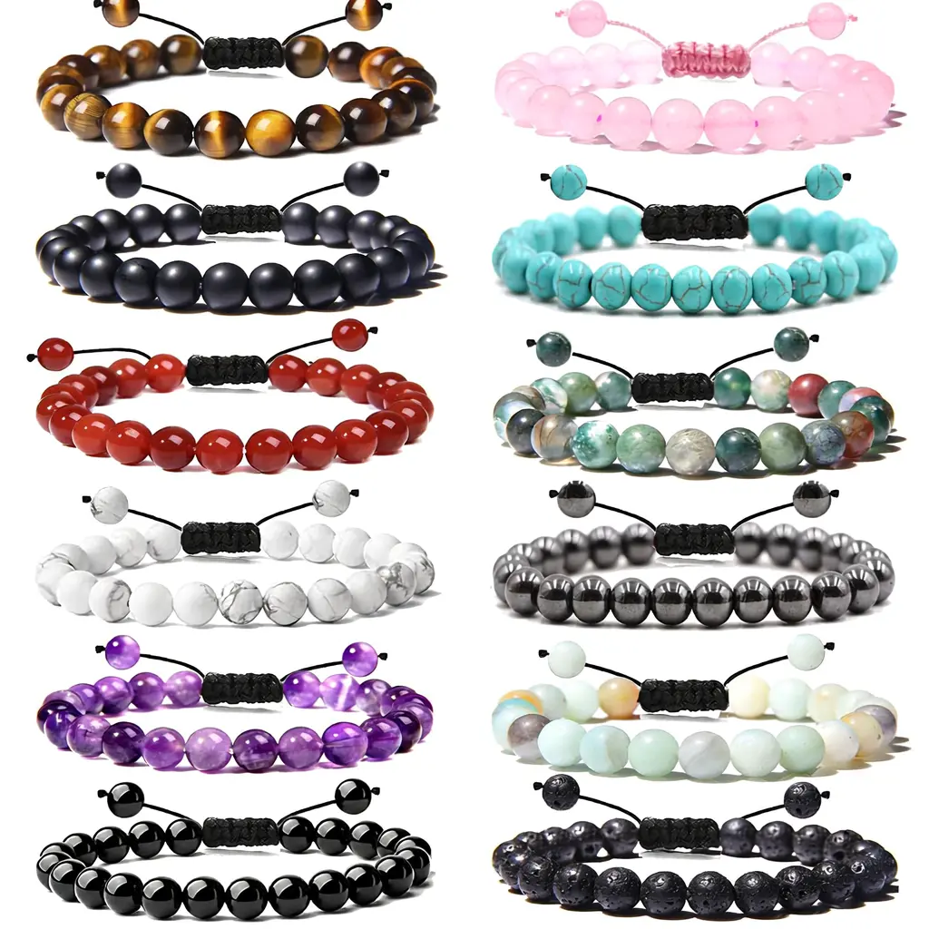12PCS Gemstone Stone Bracelets – Tiger Eye, Amethyst & More, 8mm Beads, Energy Power Adjustable Elastic Jewelry for Men Women
