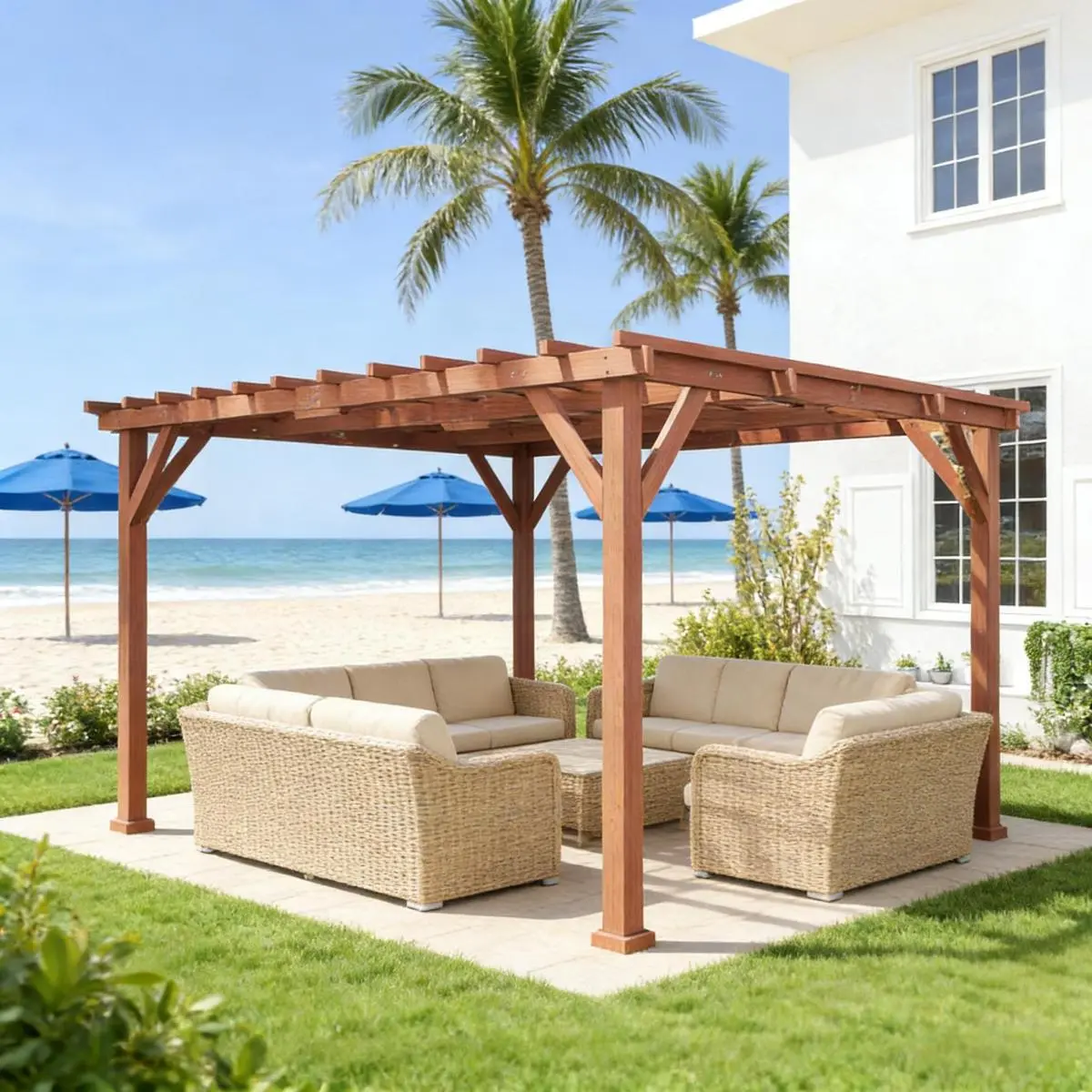Aobtkel Sturdy Rectangular Frame Wooden Gazebo-Style Pergola - Modern Large-Size Outdoor Backyard Structure with Crisscross Beams, Ground Stakes, No Wobble, Stable, On-Site Installation Compatible, Vine Support