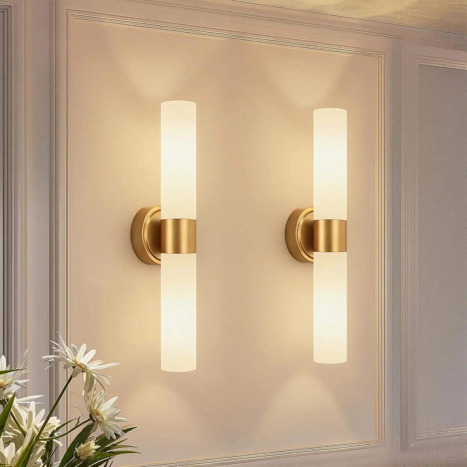 Set of Two Wall Sconces, Modern Bathroom Wall Lighting with Milky White Glass, Brushed Gold Sconces for Bathroom Mirror Bedroom Living Room Hallway