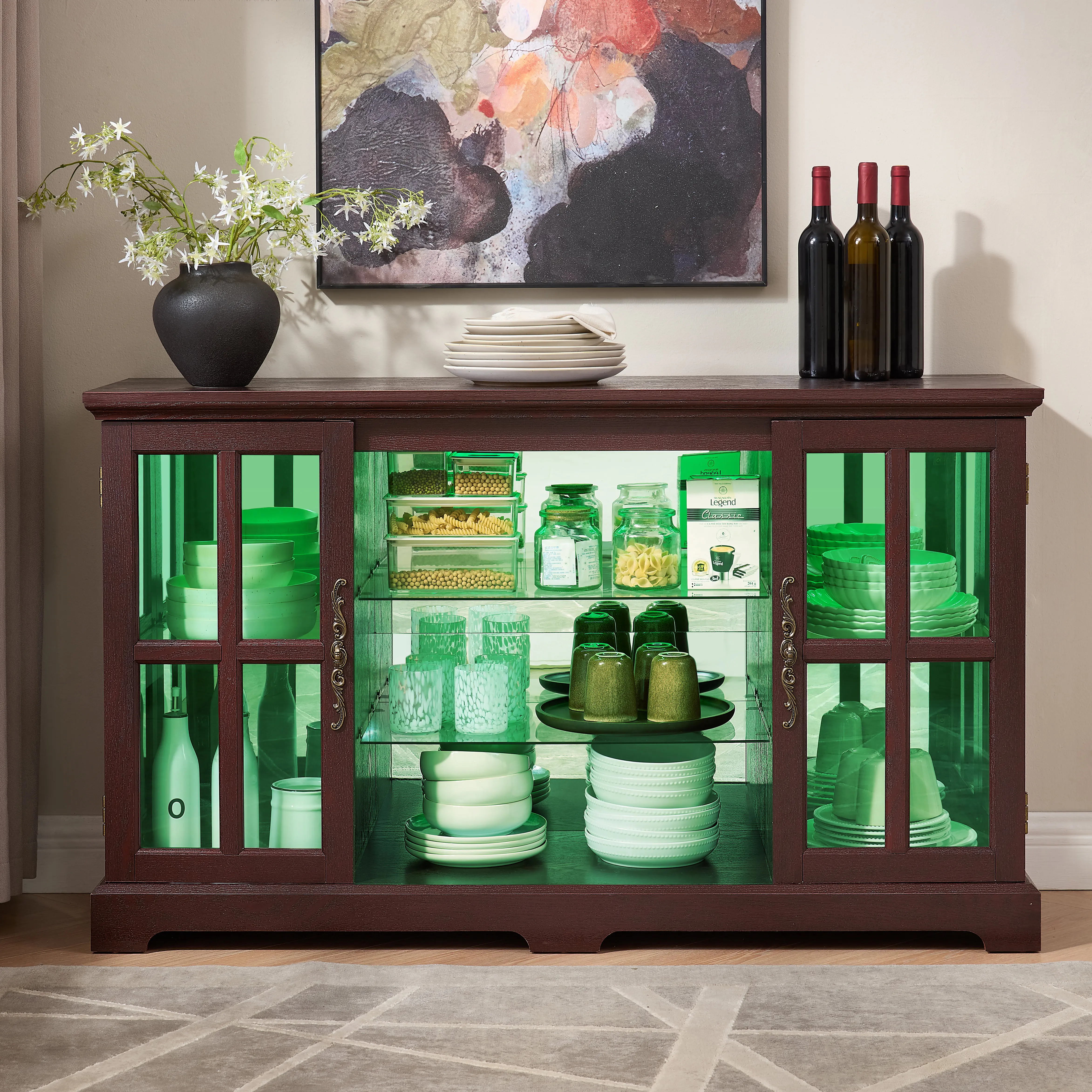 ARCH Dark Cherry 2-Door Glass Display Cabinet with RGB Light Strip, Adjustable Shelves, Mirror Back, Vintage Handles, MDF Sideboard for Dining Room, Living Room, Bedroom, Lounge, 15.75W x 53.82D x 31.89H Inches, Cherry Color Options