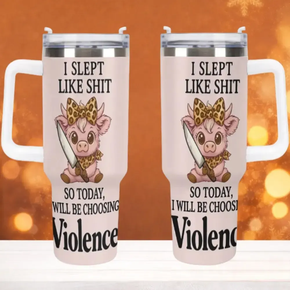 40oz Stainless Steel Highland Cow Tumbler - "Slept like crap last night, just want to stir up trouble today" - Double-Walled Insulated Cold Drink Tumbler, Fun Party Gift for Morning Grumpiness Due to Poor Sleep