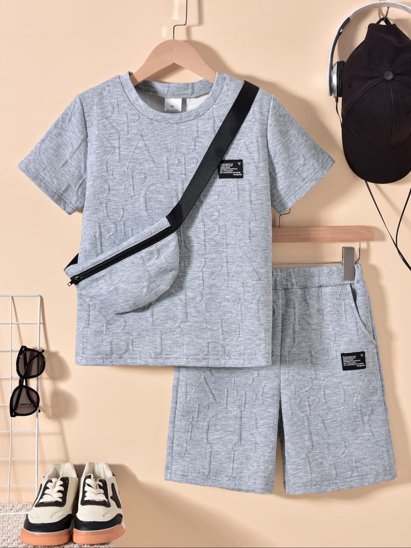 Three-piece Set Boy's Letter Pattern Co-ord Set, Casual Short Sleeve T-shirt & Shorts & Crossbody Bag, Summer Clothes for Kids Three-piece Set Boy's Letter Pattern Co-ord Set, Casual Short Sleeve T-shirt & Shorts & Crossbody Bag, Summer Clothes for Kids