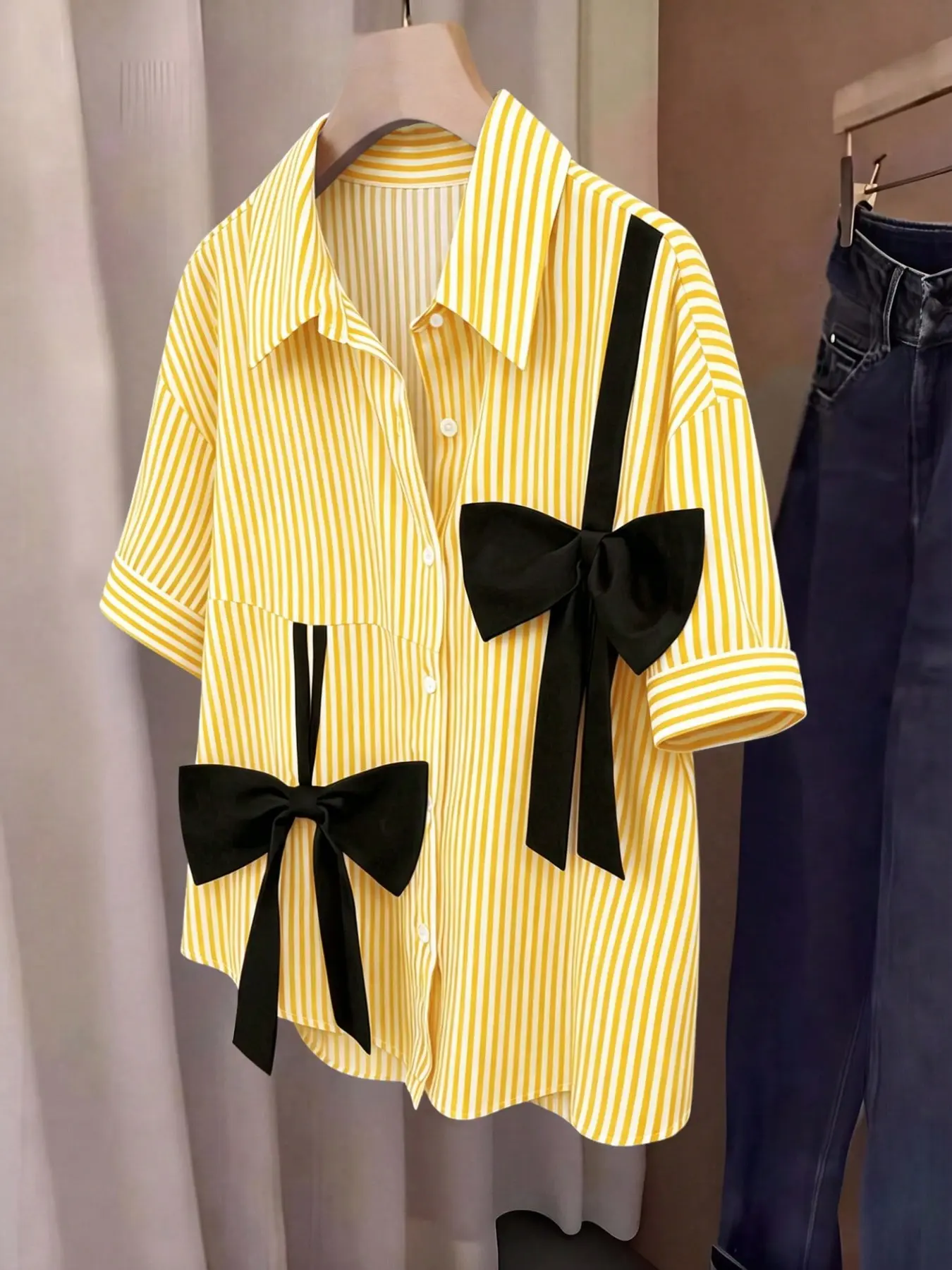 Striped Bow Short Sleeve Shirt, Korean Sweet Cool Style, Loose Collar Single Button Slim Fit Top, Plus Size Women's Daily Commute Casual Blouse, Chic