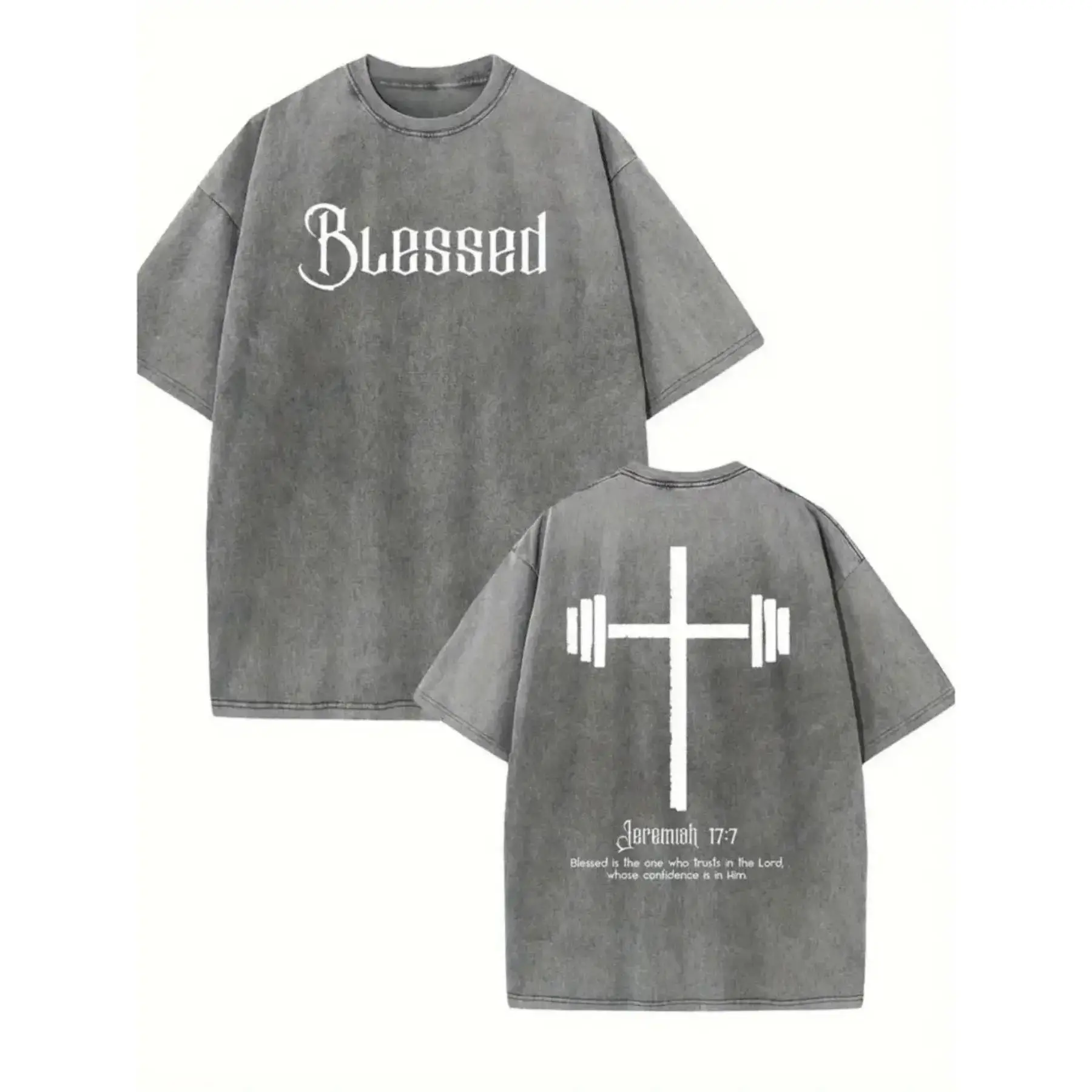Men's Vintage Crew Neck T-Shirt, Loose Fit Distressed Top with Blessed Graphic & Cross Back Print, All-Season Short Sleeve, Shortsleeve, All Seasons, Blessed Print, Tshirt, Machine Wash