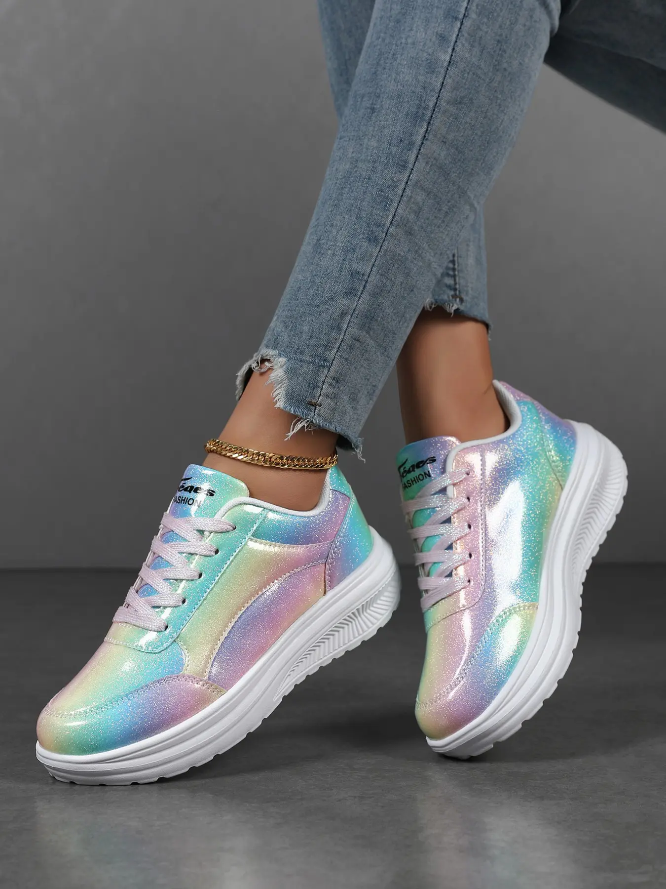 Rainbow Gradient Thick Sole Sneakers for Women, Height-Boosting Anti-Slip Lace-Up Casual Sports Walking Shoes, Comfortable and Stylish