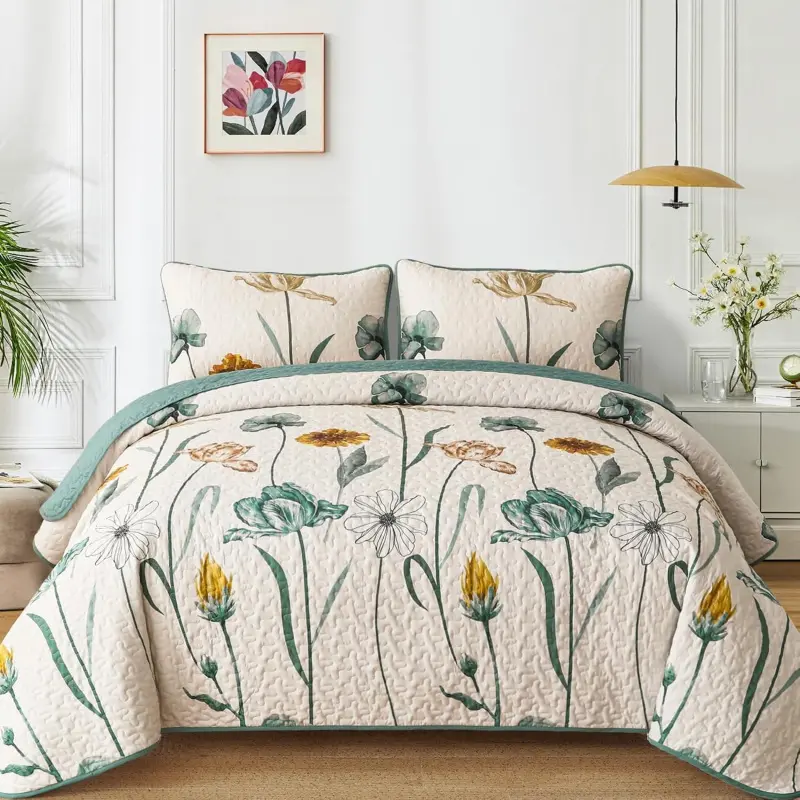 Queen Size 3-Pieces Floral Botanical Print Quilt Set, Green Yellow Nature Motif Garden Theme Bedding, Soft Lightweight Farmhouse Bedspread for Bedroom Decor, Wrinkle-Free