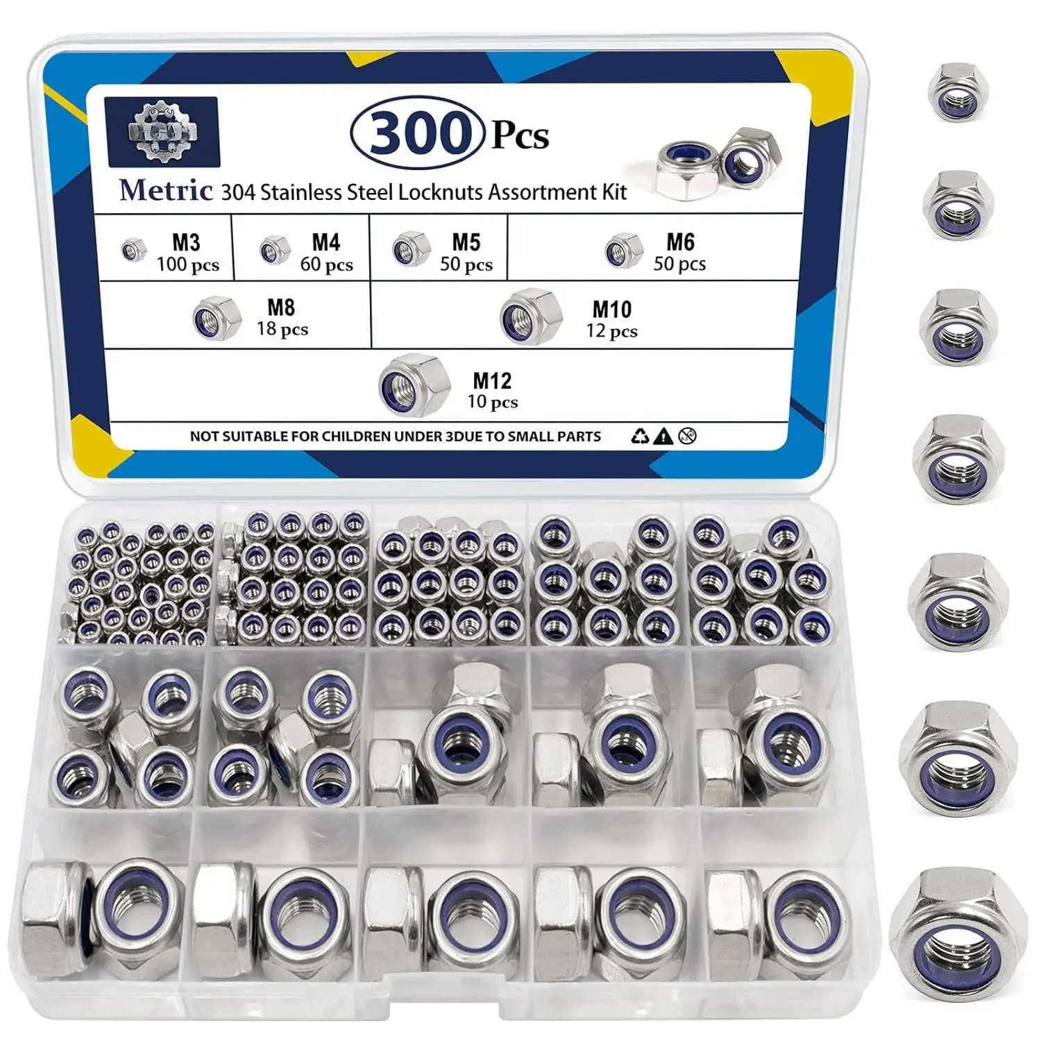 300 Pack Metric Nylon Insert Locknuts  Kit,M3 M4 M5 M6 M8 M10 M12 Nylock Nuts Sets,304 Stainless Steel Standard Threaded Lock Nuts