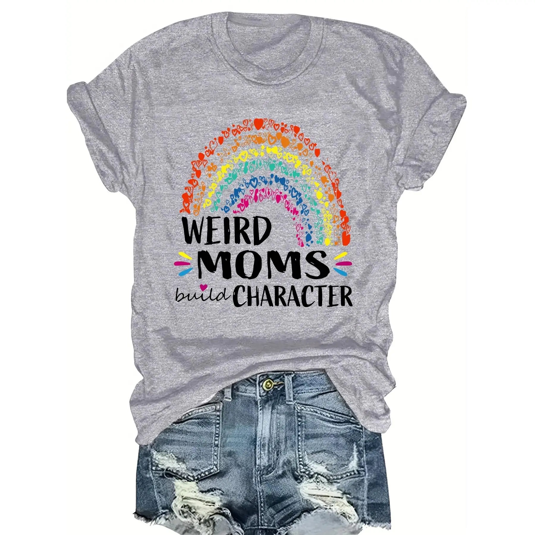 Women's Plus Size Graphic T-Shirt, Casual Polyester Streetwear with Rainbow Letter Print, Short Sleeve & Round Neck, Shortsleeve, Fabric, Crew Neck, Machine Wash, T-Shirt Top, Alpha Letters, Rainbow Print