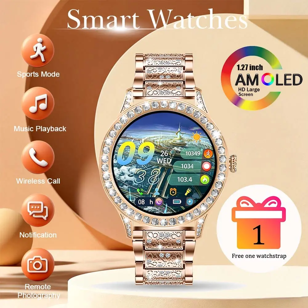New Smart Watch For Women 1.27-Inch HD Smartwatch With Wireless Call Fitness Tracker More Sports Modes Exclusive Dials Smart Watches For IOS Android Golden