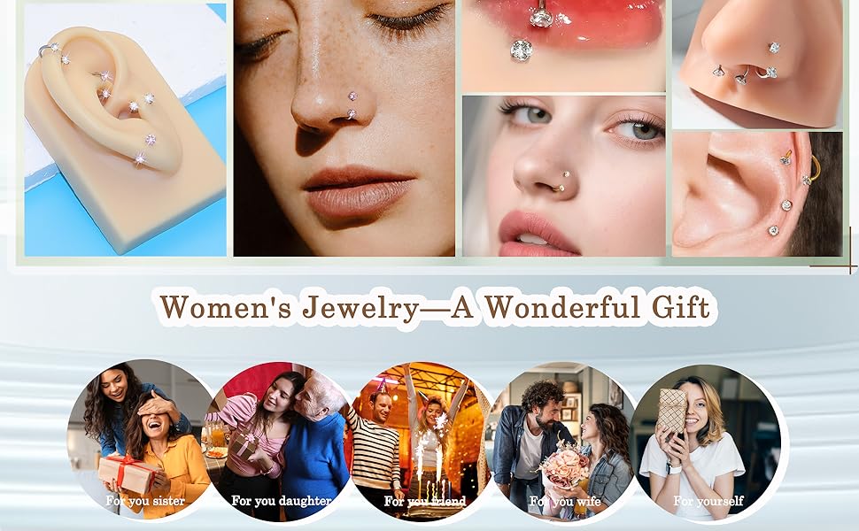 18G Horseshoe Nose Rings for Women, 6-8mm Horseshoe Piercing Jewelry Set Gold & Silver, Double Gem Horse Shoe Nose Rings Hoops Surgical Steel Cartilage Helix Tragus Earring Labret Lip With Tool