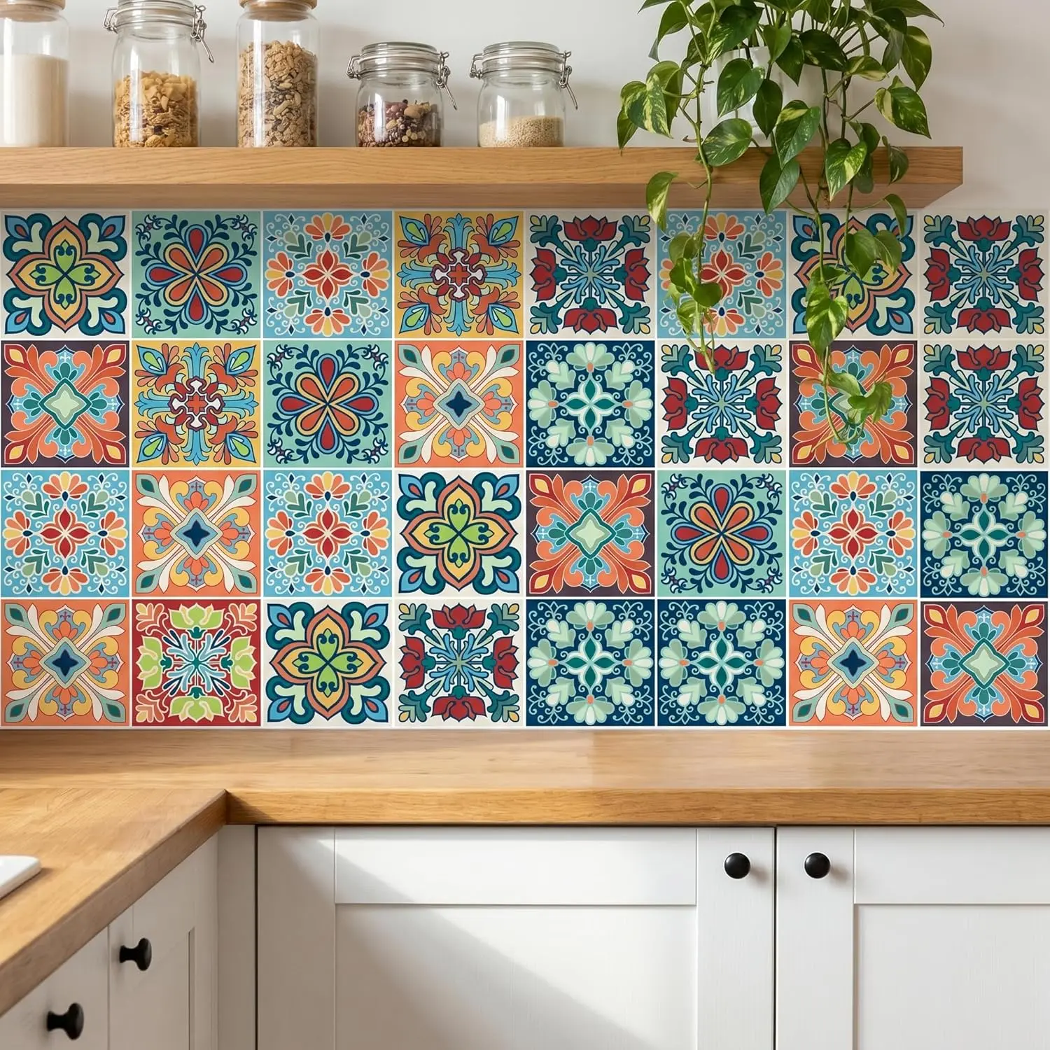 30 Pack, 4x4 Inch Colorful Bohemian Tile Stickers, Peel and Stick Patchwork Vinyl for Backsplash, Stairs & Furniture